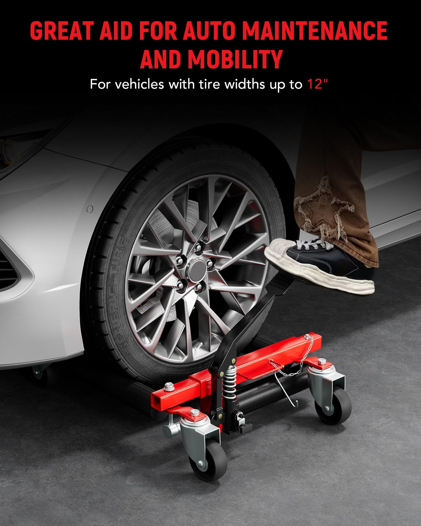 GarveeTech Hydraulic Car Wheel Dolly Set of 4, Heavy Duty 6,000 LBS Capacity Vehicle Dollies with Foot Pedal for Tire Auto Repair Moving, Red