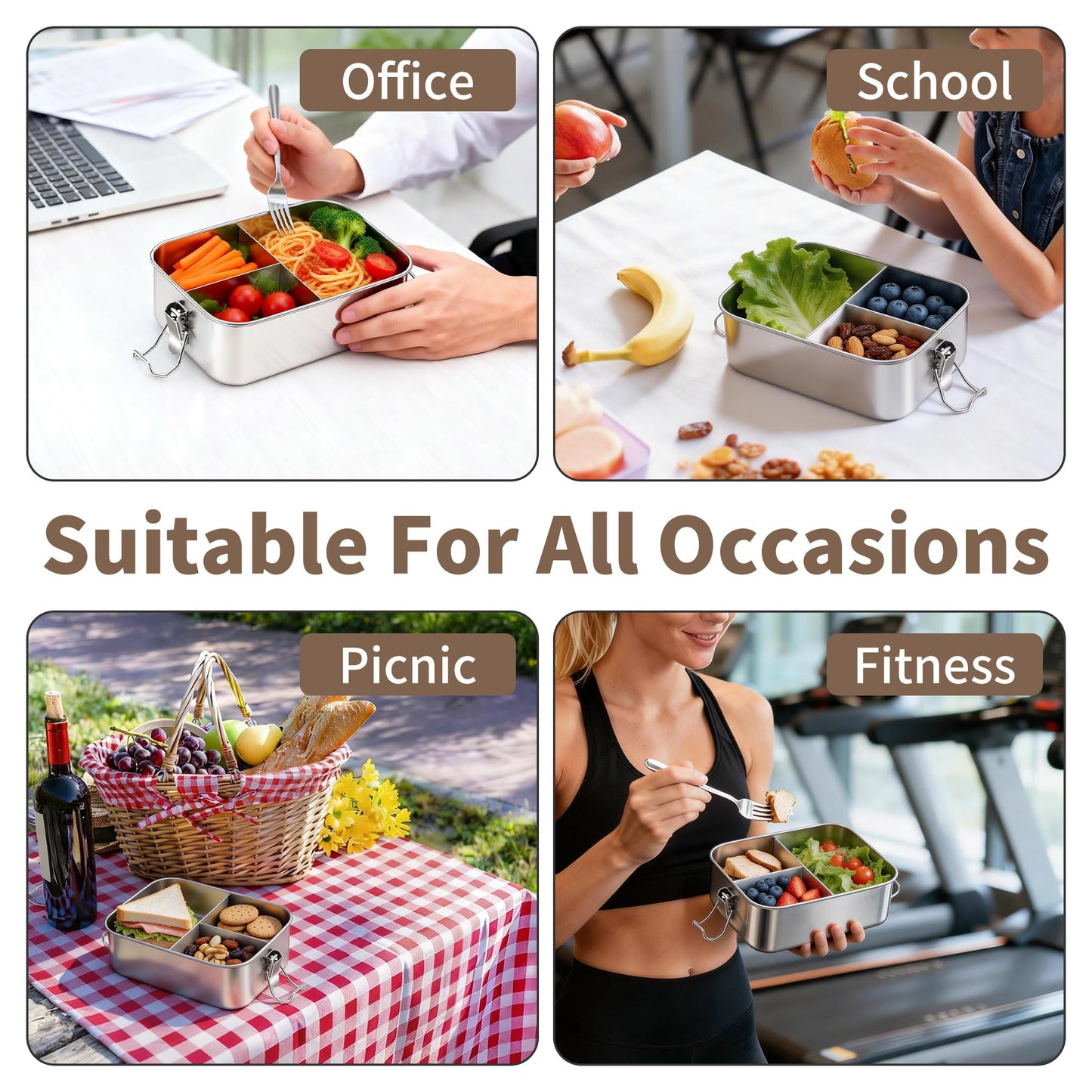 TeamFar 2 Pack Stainless Steel Bento Box, 47oz Metal Lunch Box with 3 Compartments for Adults/Kids, Lunch Food Containers for School/Work/Meal Prep, Leak-Proof & Dishwasher Safe, 1400ML