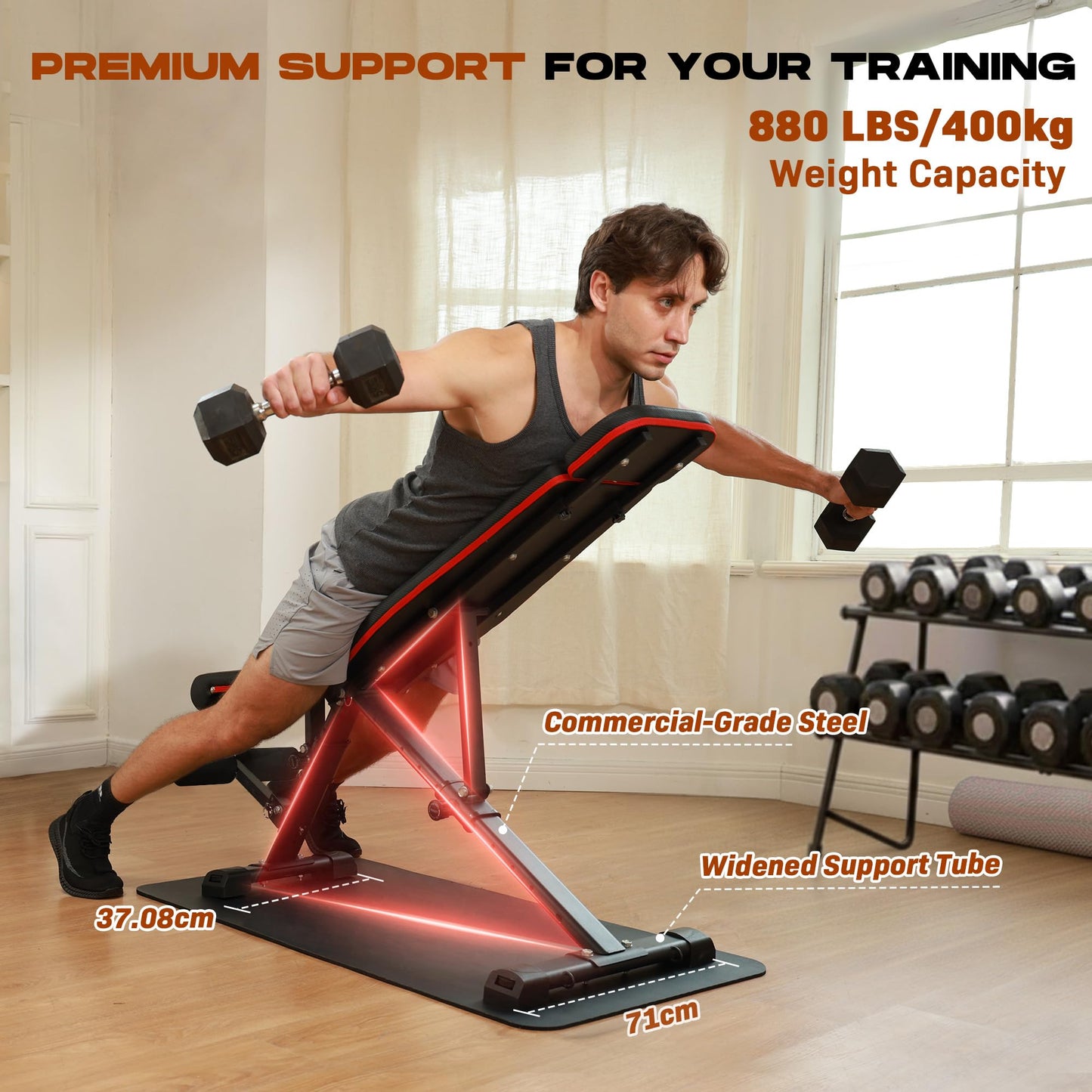 Roygym Adjustable Weight Bench, 880LB Foldable Workout Bench with Extended Headrest for Full Body Strength Training Bench Press, Incline Decline Bench with Folding