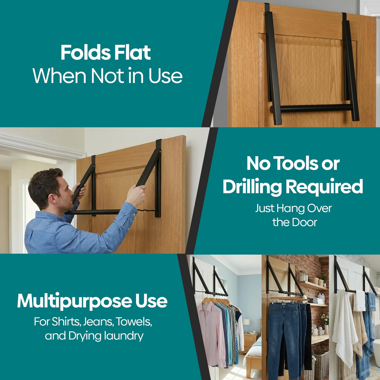 HOLDN’ STORAGE Over The Door Hanger - Foldable Rack Organizer for Hanging Clothes, Coats & Towels, Ideal for Dorm Rooms, Laundry, Bathrooms, Etc - Holds up to 35 LBs, Collapsible - Black