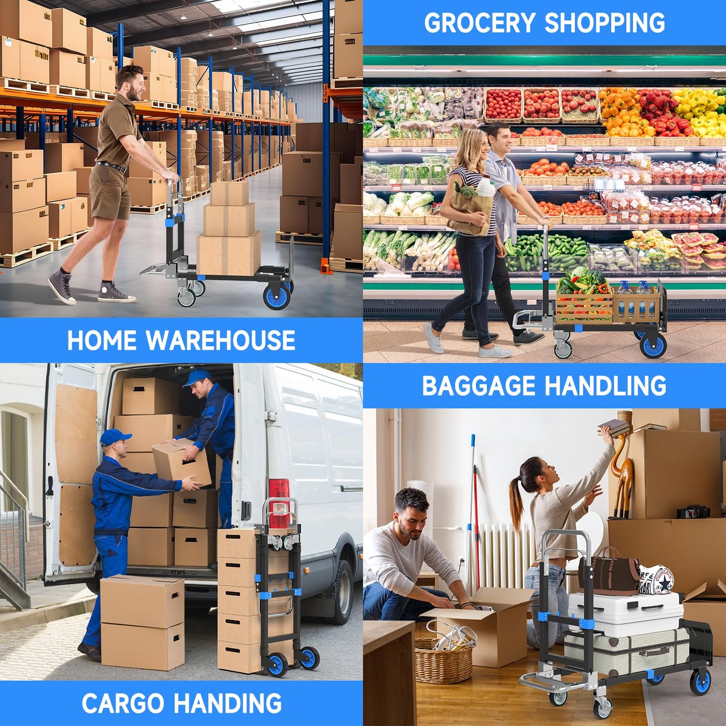 2026 New 3-in-1 Folding Hand Truck & Dolly Cart, 600LB Capacity, Converts to 2-Wheel Upright Dolly with Extendable Handle & Front Brake Wheel - Ideal for Household Moving, Relocation & Transport