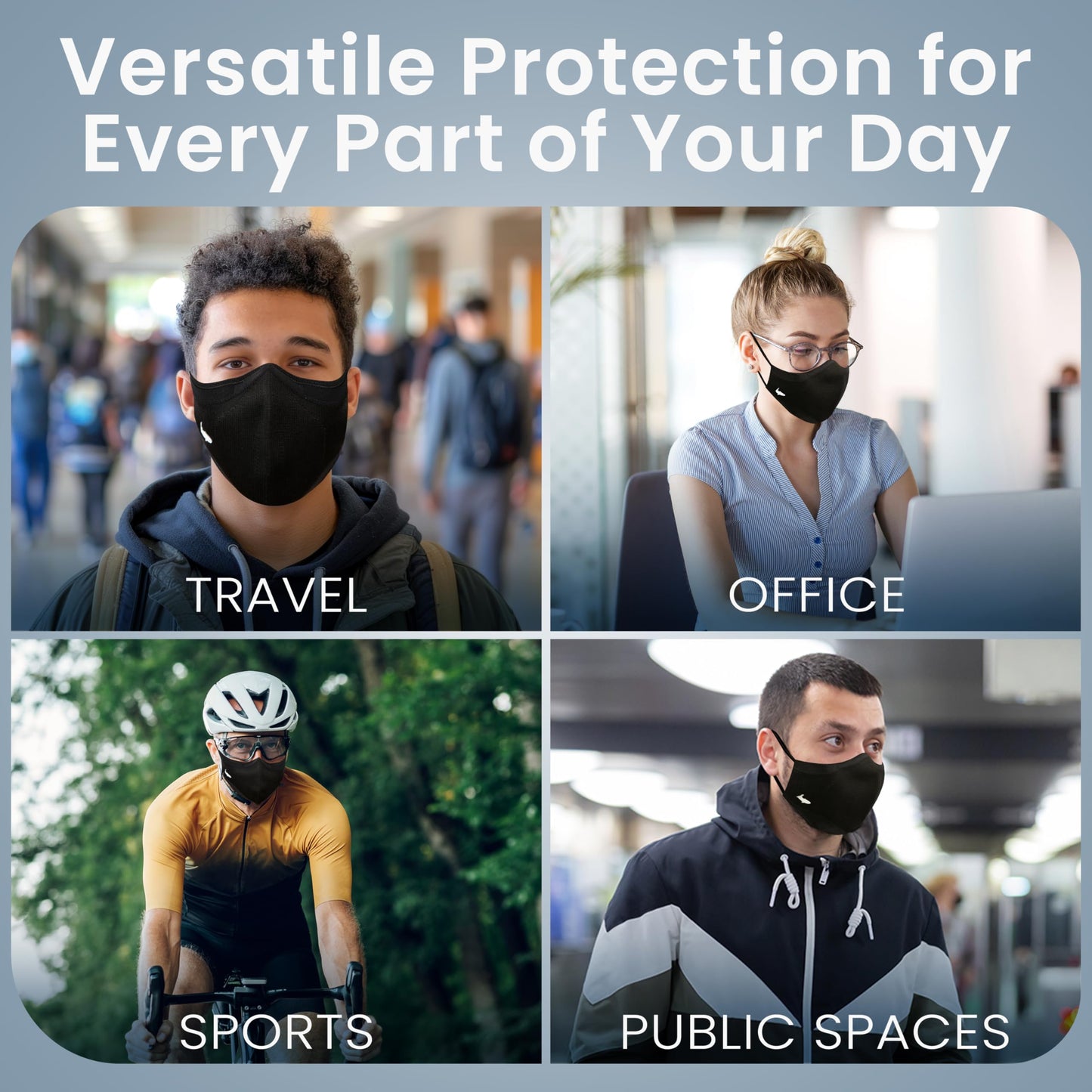 INHERENT Premium Traveler's Face Mask with Anti-Odor SILVERbac | Reusable, Adjustable, Comfortable (Black) (Large)