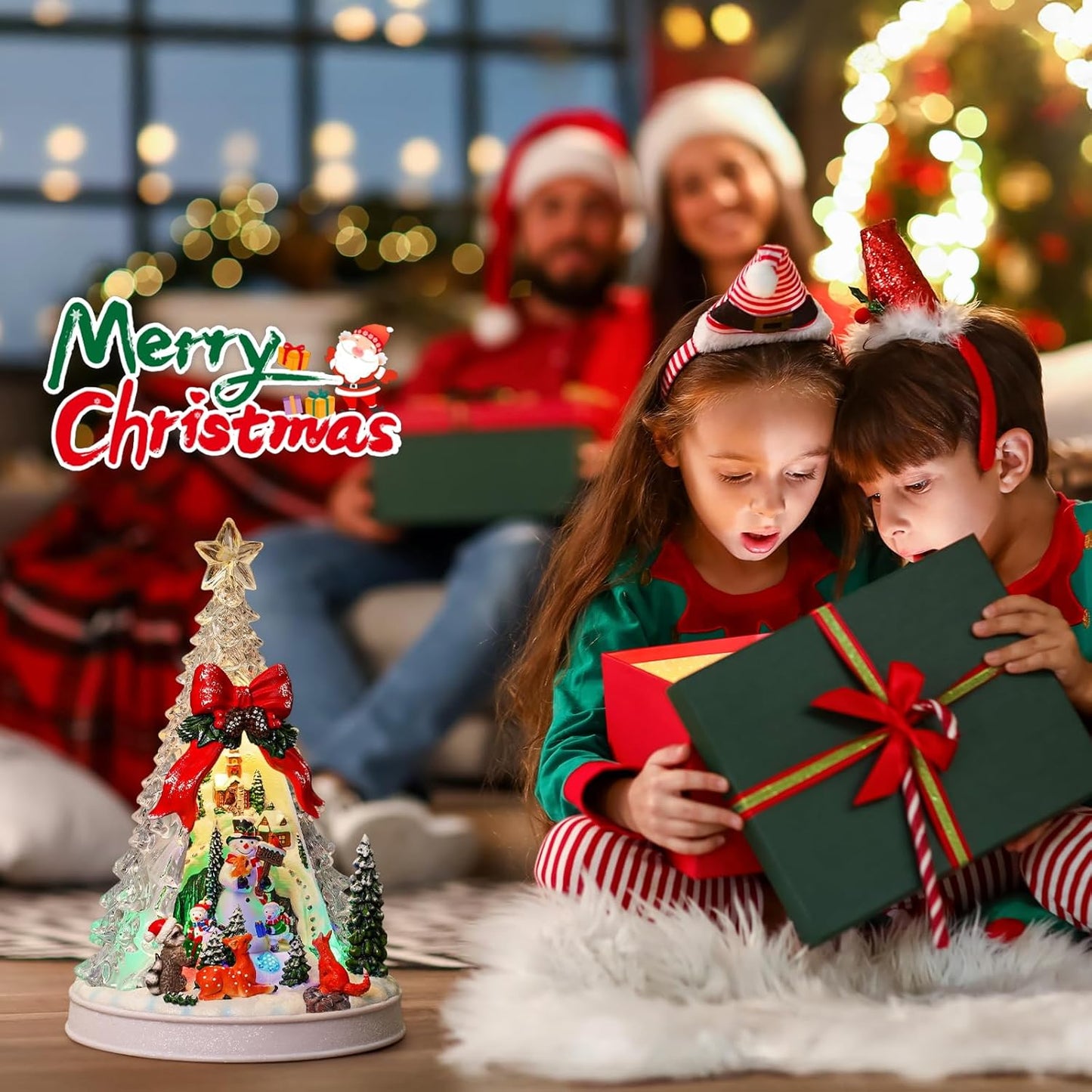 Priddop Christmas Village Scene - Animated Tree with Rotating Snowman & LED Lights | Musical Home Decor