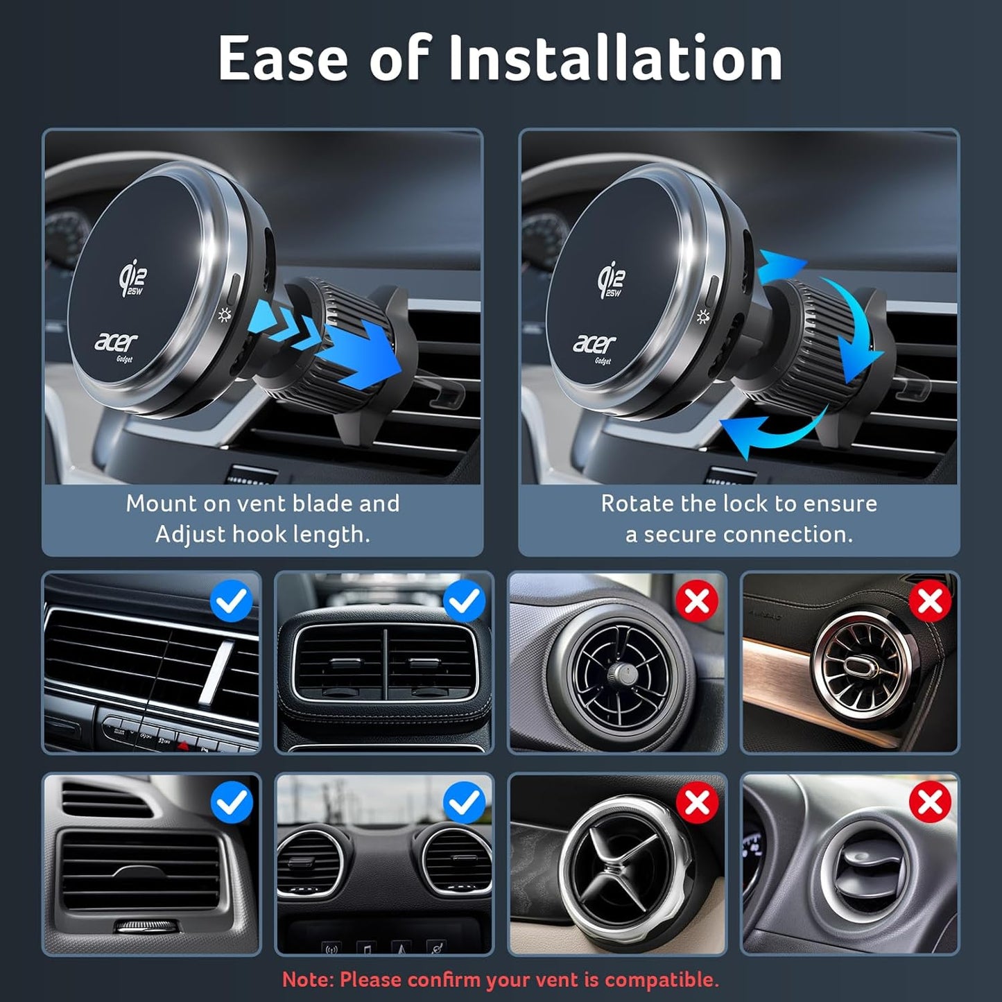acer Qi2.2 25W 45W Adapter,360Rotation 17/16/15/14/13 Gadget for MagSafe Car Mount Charger,Wireless Car Charger