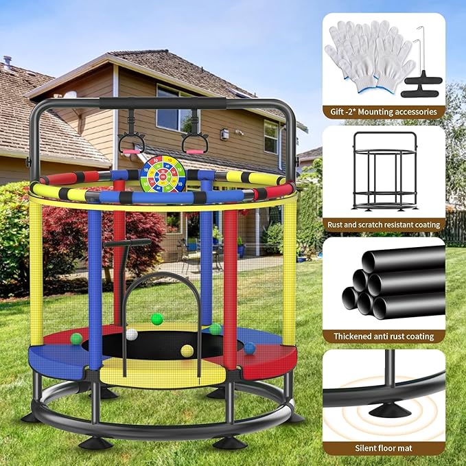 Trampoline for Kids, Full Anti-Rust 440lbs Anti-Rollover Round Bottom Toddler Trampoline, T-handrail Adjustable Baby Toddler Trampolines Dart Board