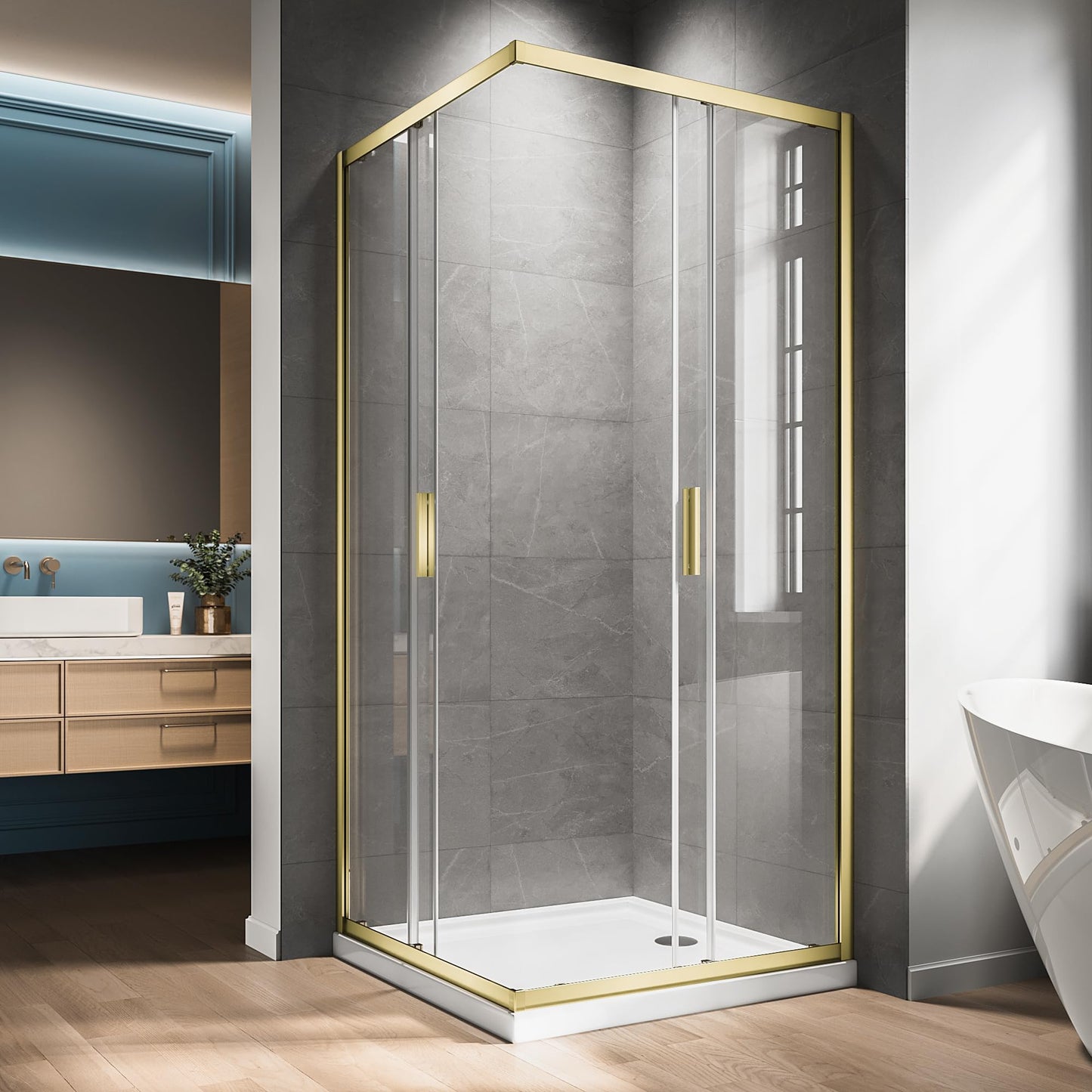 Corner Shower Enclosure 34" L X 34" W X 76" H. Double Corner Sliding Shower Door With 1/4 In Nano-Coated Tempered Glass,Shower Glass Doors In Brushed Gold Hardware Kit for Upgrade Your Bathroom
