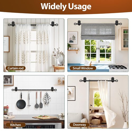 Curtain Rods No Drilling 48 to 84 Inch, 5/8 Inch Diameter No Drill Drapery Rod Set with Adhesive Brackets and Twiested Cage Finals, Bedroom Apartment Renter Friendly, Black