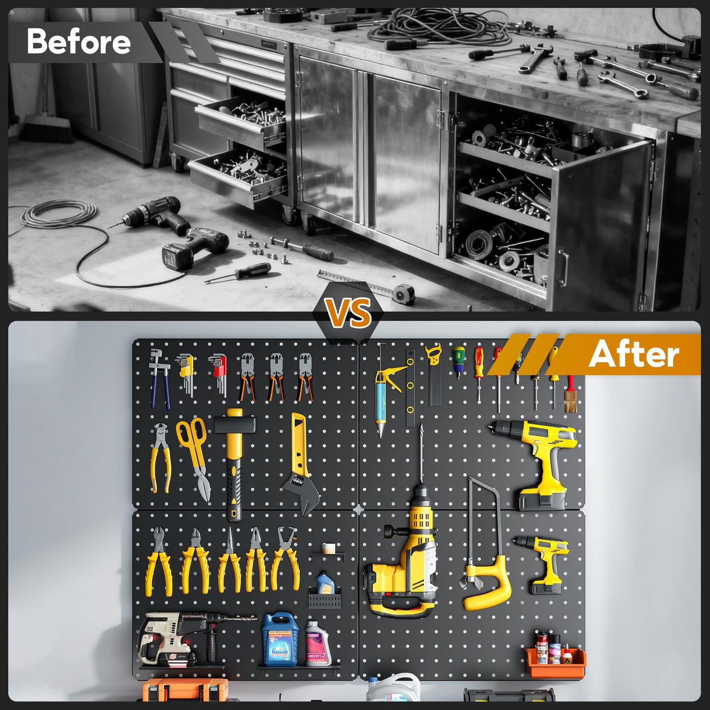 Hogurity Peg Board, 110pcs Metal Pegboard Kit, Includes 4 Pack Black Peg Board Panels with Accessories and Hook Locks, Large Heavy Duty Peg Boards for Walls Home, Garage Tool Storage, Workbench