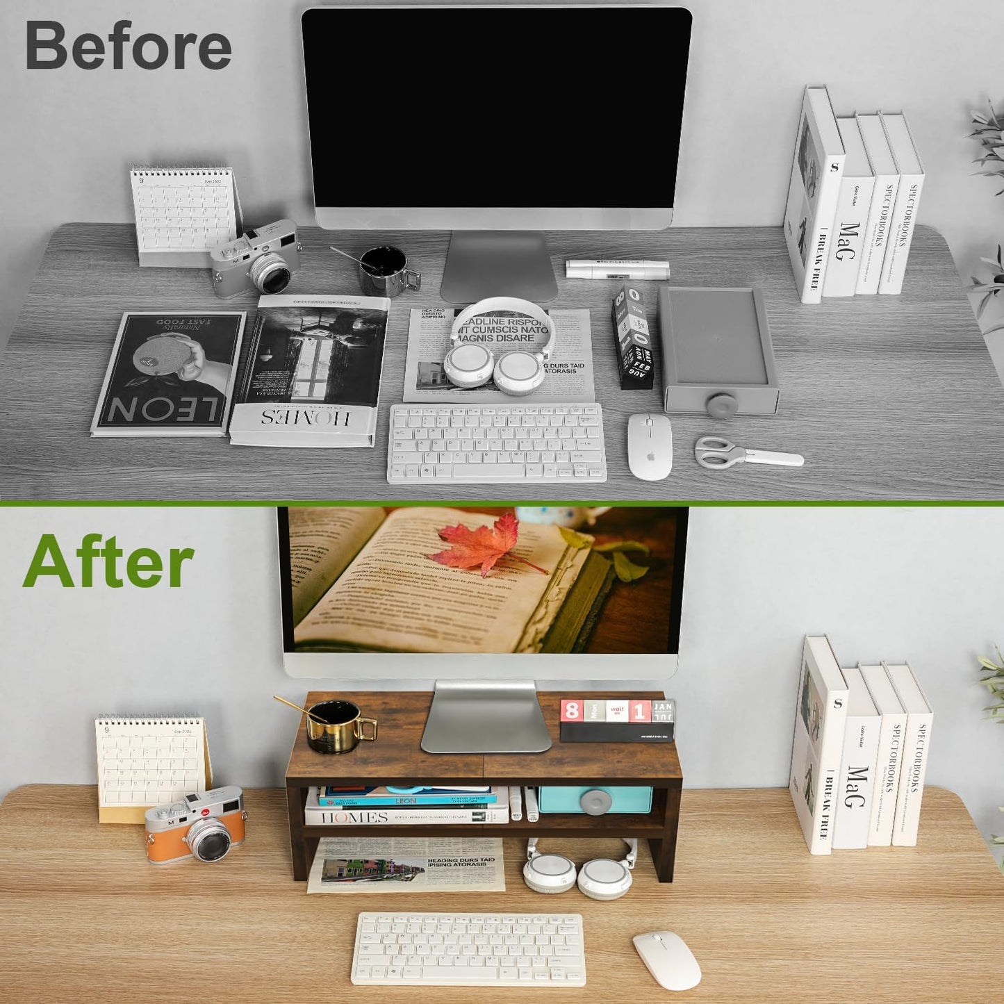 2 TEAMIX Tier Wooden Monitor Riser Stand, Desktop Stand with storage for Laptop/PC/Printer/Keyboard, TV Stand Shelf