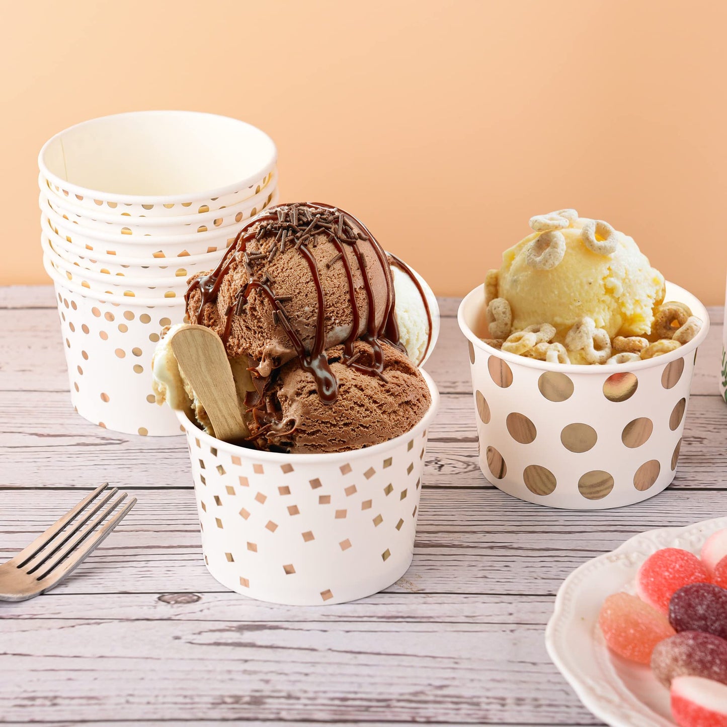 AimFun 60 Pcs Treat Snack Cups Gold Dessert Cups 8oz Disposable Paper Ice Cream Cups for Hot or Cold Food Container Birthday Christmas Party Supplies
