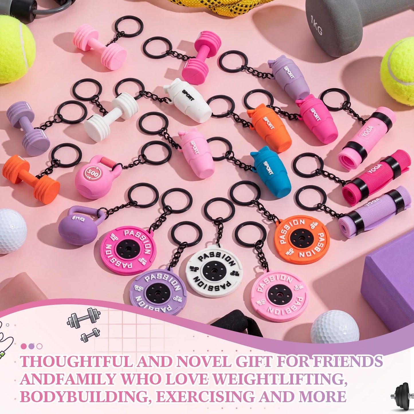 Tondiamo 20 Pcs Gym Keychain Bulk Weight Fitness Gifts Barbell Dumbbell Kettlebell Bottle Keychain for Women Men Gym Lover(Pink & Purple,Dreamy Macaron)
