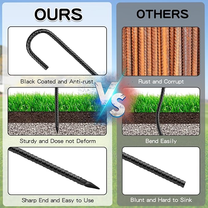 Black Rebar Stakes 16inx10mm Galvanized J Hook 4pcs – Heavy Duty Ground Tent Stakes for Fence,Bounce House,Outdoor Plants,Artificial Turf,Dog Coop,Metal Stakes for Christmas Decorations