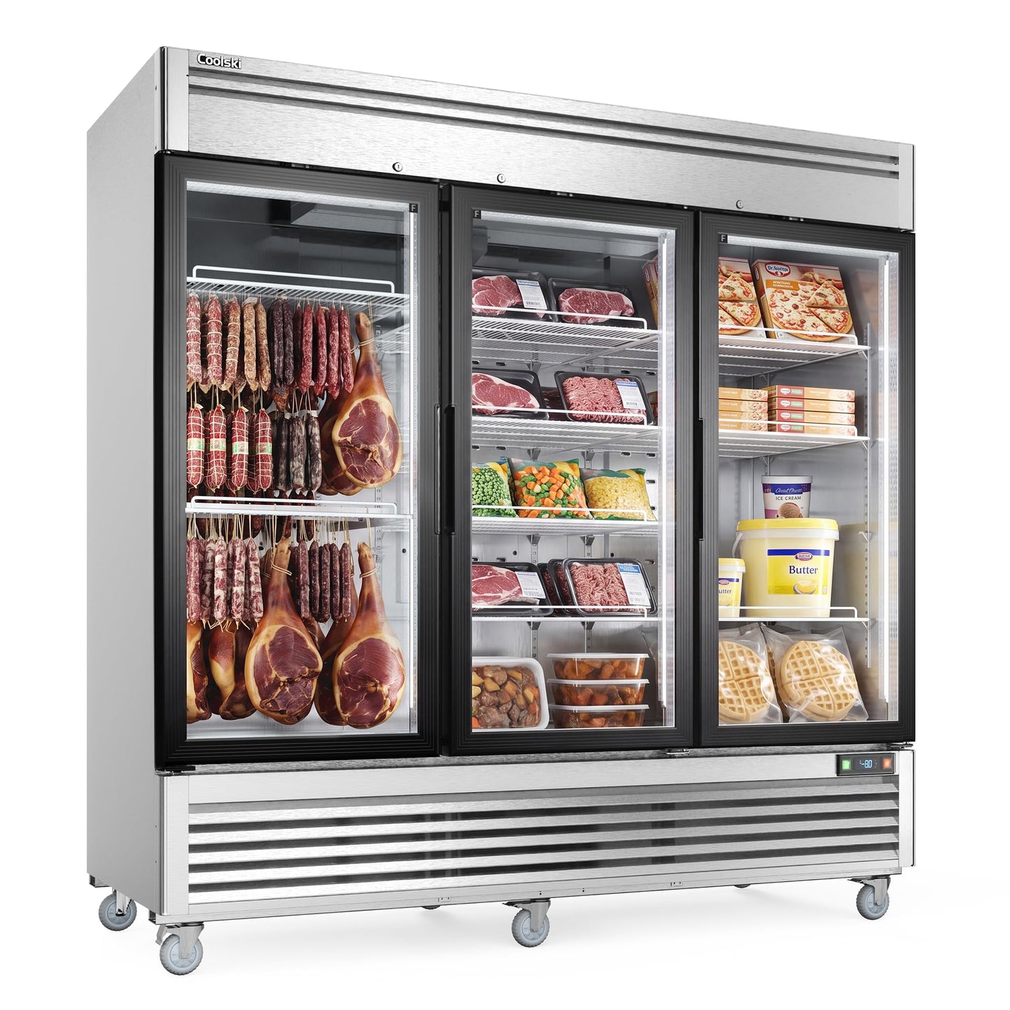 Coolski Commercial Display Freezer with 3 Glass Door, 47.2 Cu.ft. Upright Merchandiser Freezer for Ice Cream and Frozen Food, Adjustable Shelves, Auto Defrost, LED Lighting, ETL DOE Certified