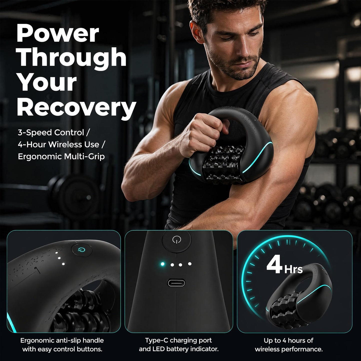 bunoju Electric Rolling Percussive Massager - 3-Speed Spin Deep Tissue Muscle Relief, Cellulite Remover Body Sculpting Tool for Back Shoulders Legs Calves Neck Post-Workout Recovery (Black)
