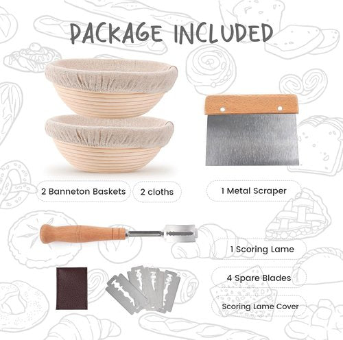 DOYOLLA Sourdough Bread Proofing Baskets - Dough Proofing Bowls Kit with Cloth Liner & Tools | Round, 8.5 Inch, Set of 2