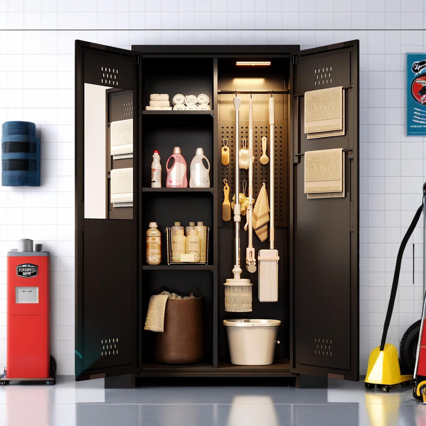 YITAHOME 71" Metal Garage Broom Cabinets with Adjustable Shelves, Vacuum Storage Cabinet with Doors and Drawer, Tool Storage Cabinet for Gym, Basement, Warehouse, Black