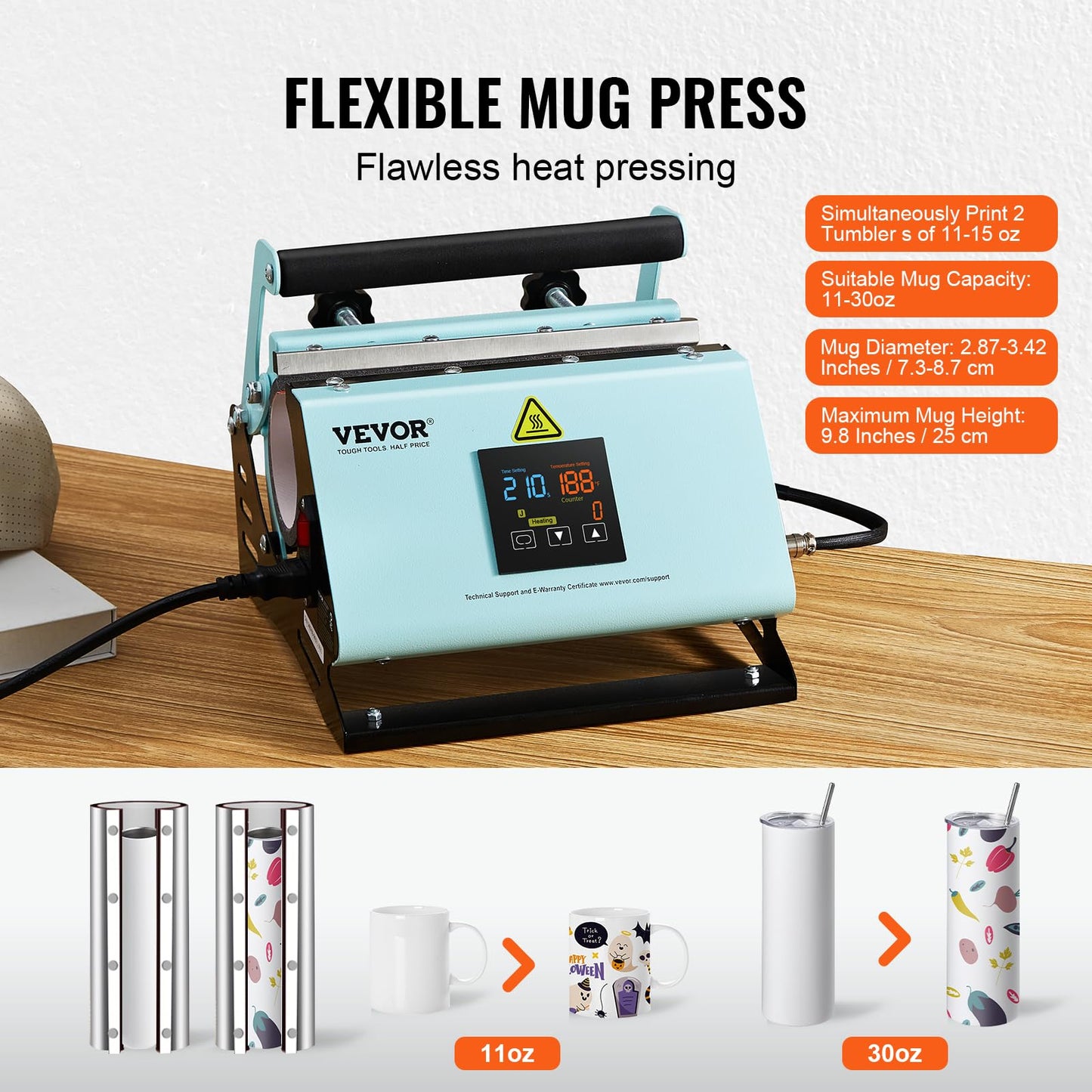 VEVOR 2 in 1 Tumbler and Hat Heat Press Machine, Mini Press for Caps, 11-30oz Sublimation Mugs, Temperature and Time Control, Green