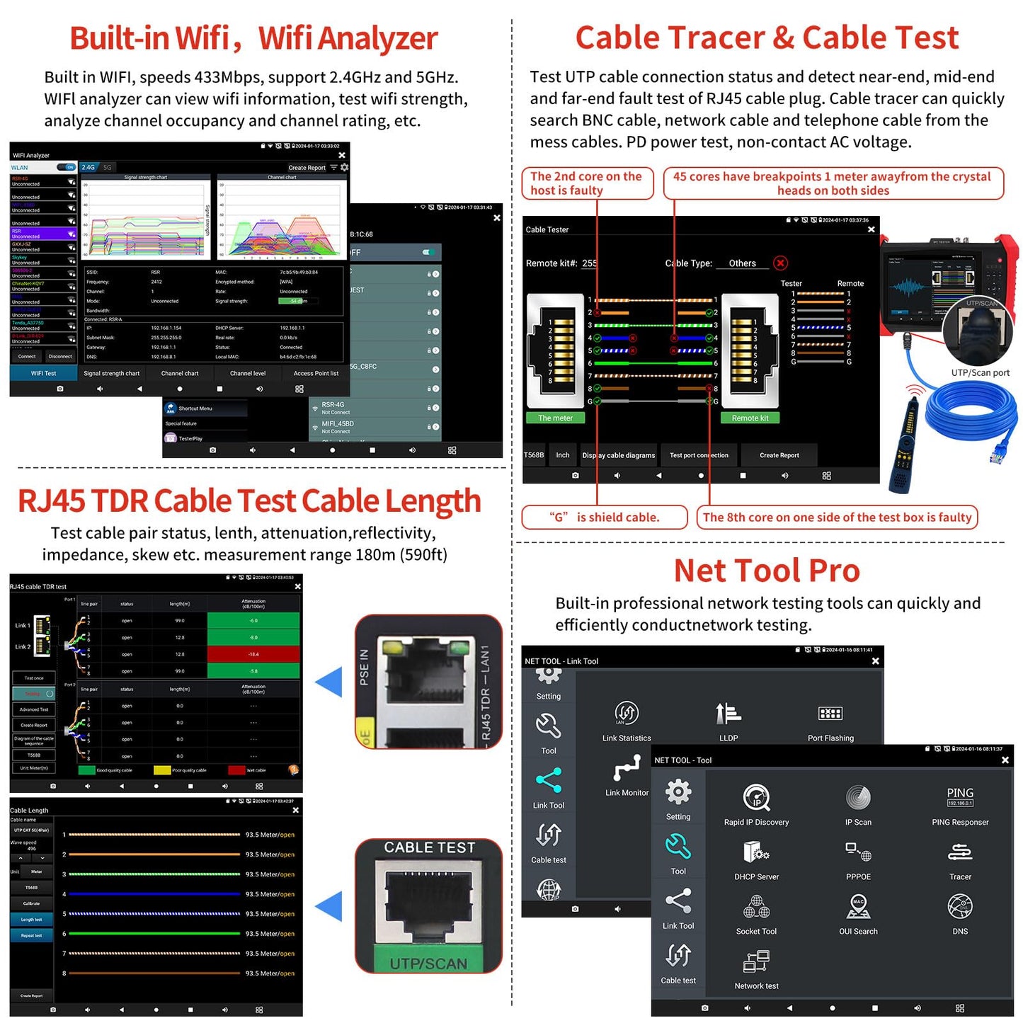 Rsrteng CCTV Tester 8K 32MP 12MP IP Camera Test POE++ Max 90W POE Camera Tester 4K 8MP TVI/CVI/AHD/SDI/CVBS WiFi Network Tools Cable Test Distance Meter 2CH SFP Port HD VGA DC Power Output