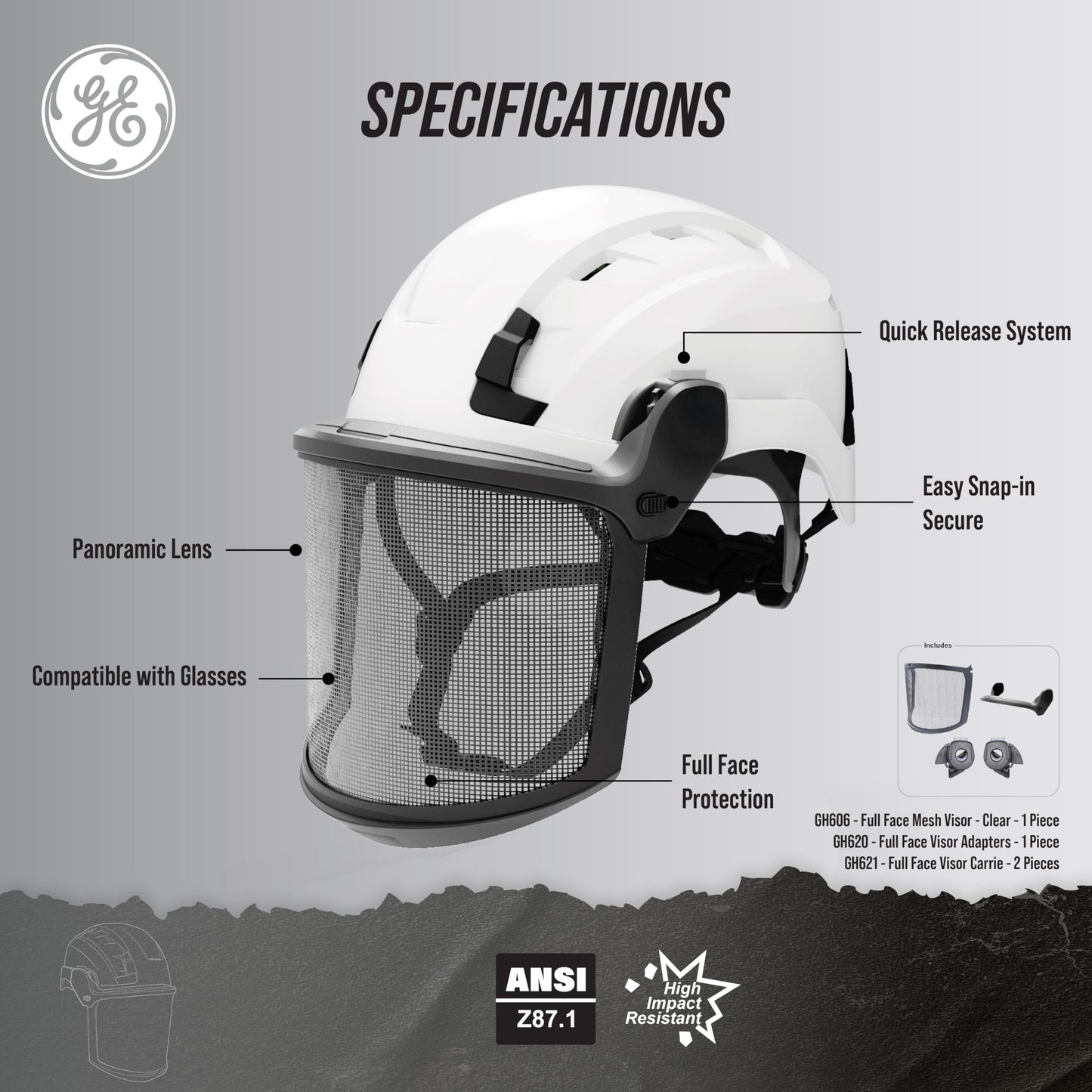 Complete Safety Gear Set: GE Safety Helmet, Full Face Mesh Visor Kit & Cap Mounted Earmuff – Impact Protection | Noise Reduction | Enhanced Comfort for Construction and Industrial Work. (White)
