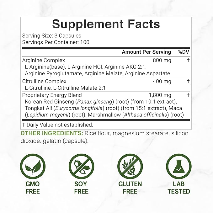 Nitric Oxide Booster 3,000mg Per Serving, 300 Capsules ??12 in 1 Nitric Oxide Supplement ??Arginine & Citrulline Complex with Energy Blend ??Marshmallow Root ??Promotes Nutrient Flow to Muscles&Heart