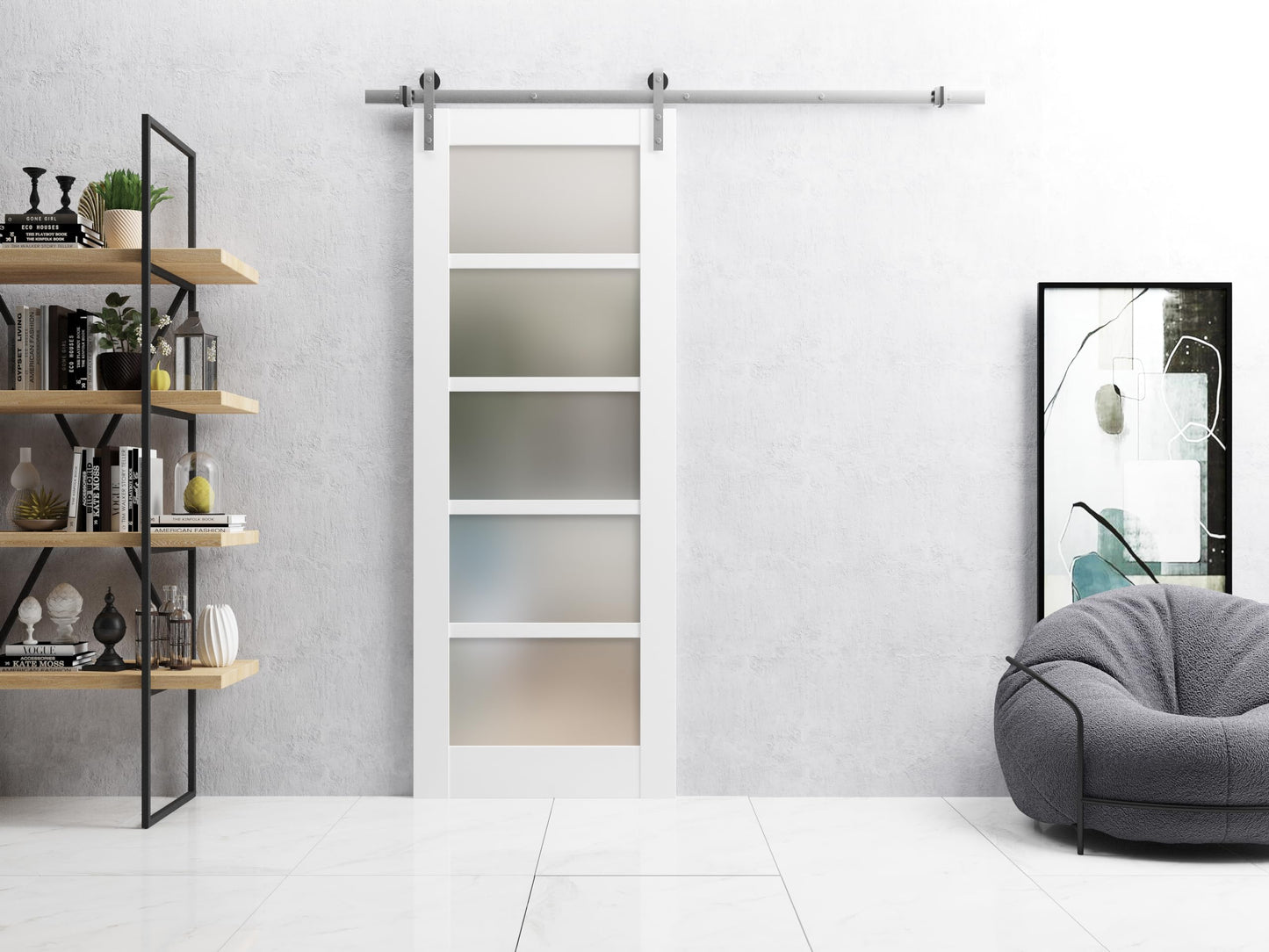 SARTODOORS Quadro 4002 | Interior Single Sliding barn Door with Frosted Glass, MDF, 28x84, White, Modern Style | Hardware Included