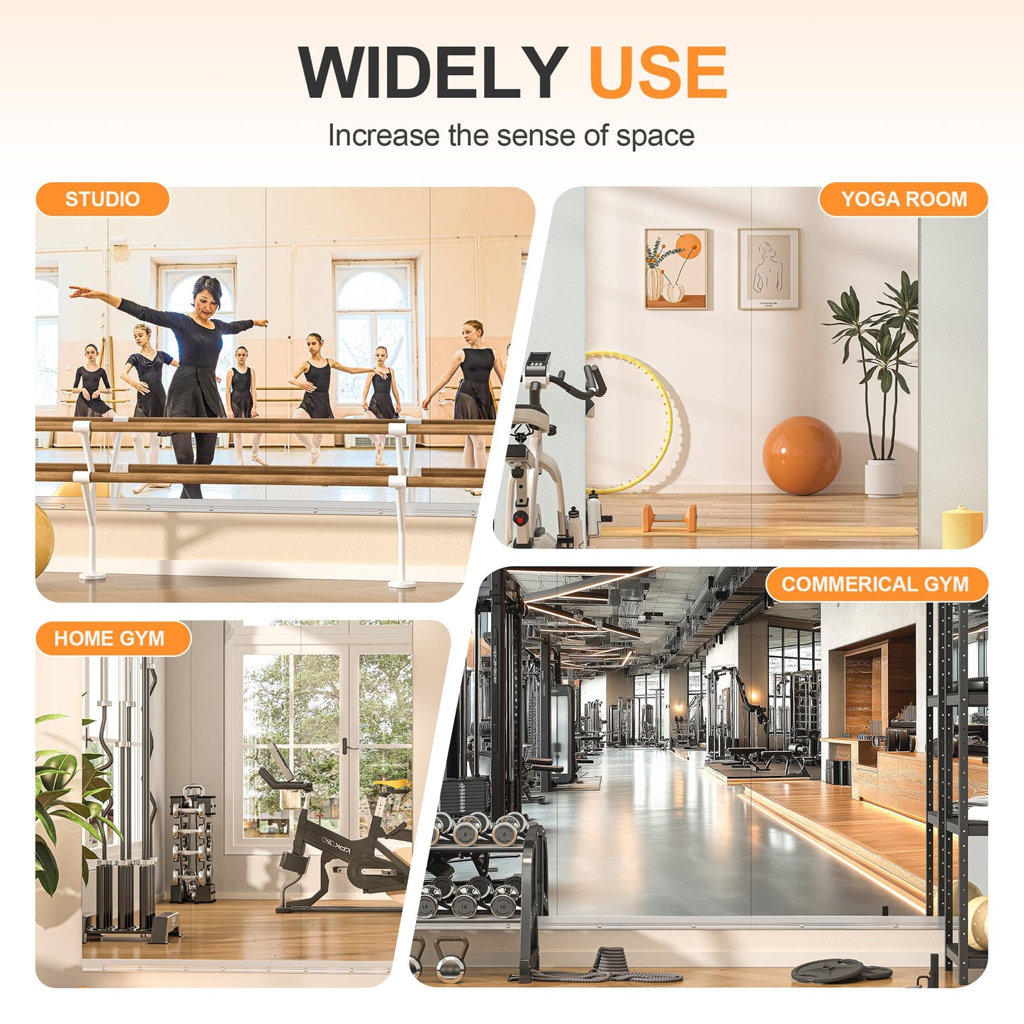 Hasipu Home Gym Mirror, 48"x24" Each, 3-Pack Frameless Wall Mounted Mirrors with Glass Clamps & 2 Aluminum Rail, Large Body Mirror for Home Gym, Yoga Studio, Bedroom, Silver Tempered Glass