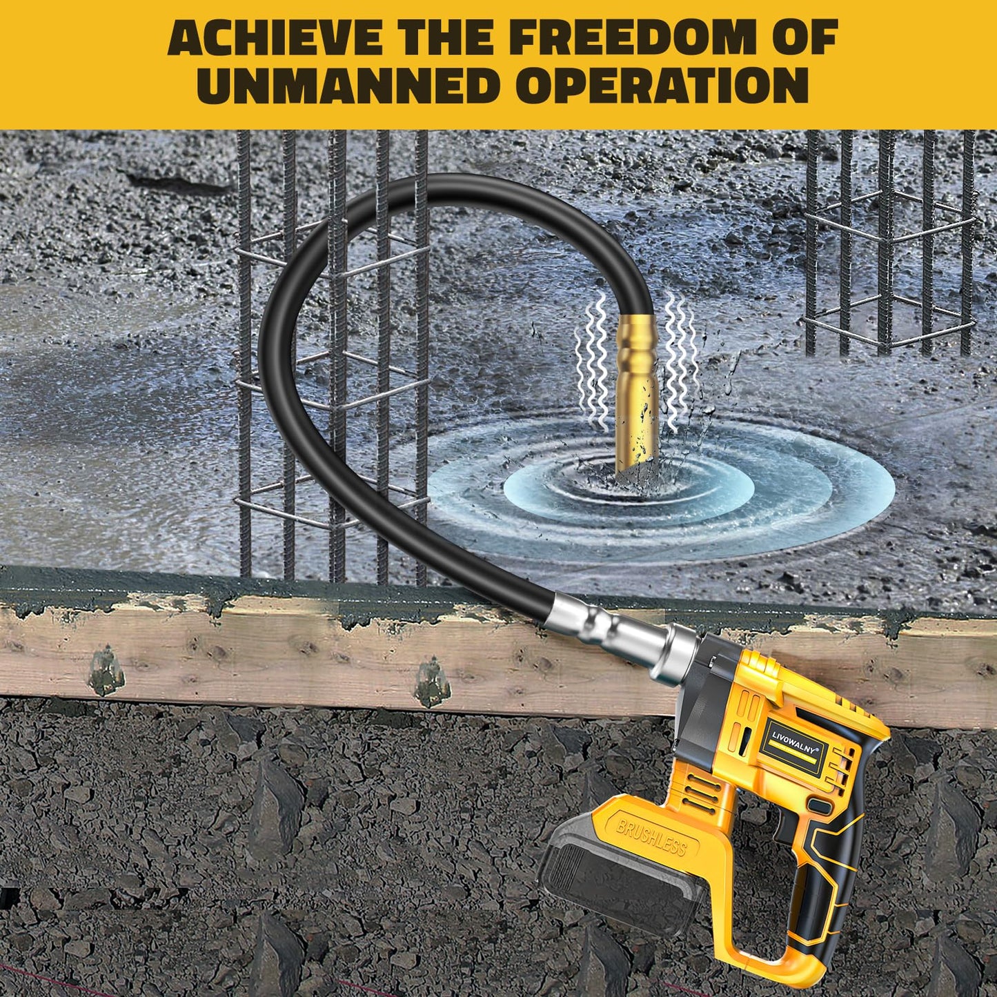 LIVOWALNY Handheld Concrete Vibrating Tool Compatible with Dewalt 20V Battery, 600W 6000RPM Cordless Electric Concrete Vibrator with 3.8ft Shaft Rod for Remove Air Bubble, Tool Only No Battery