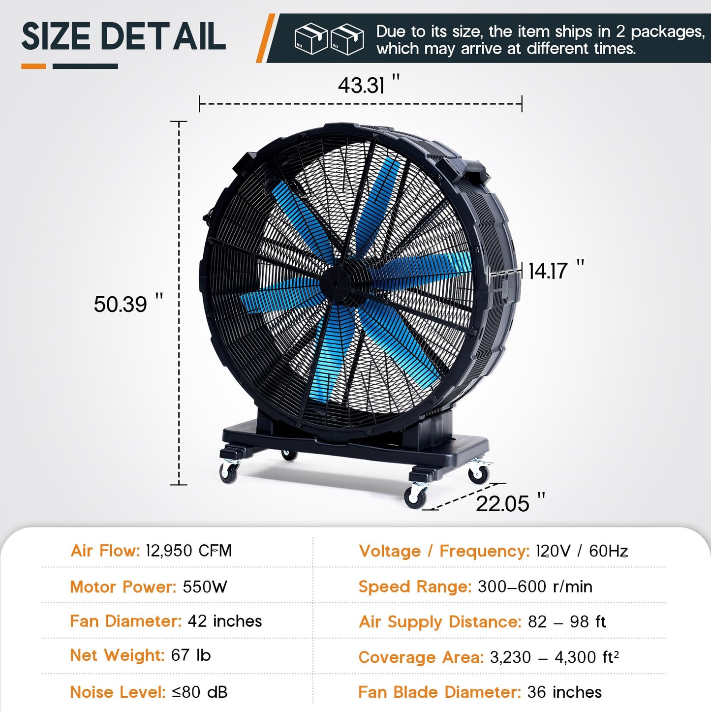 Albott 42 Inch Industrial Drum Fan, 750W High Velocity Plastic Floor Fan with Wheels and 3 Speeds, 17,660 CFM Strong Airflow for Commercial Space, Garage, Workshop, Warehouse, Factorie, and Basement