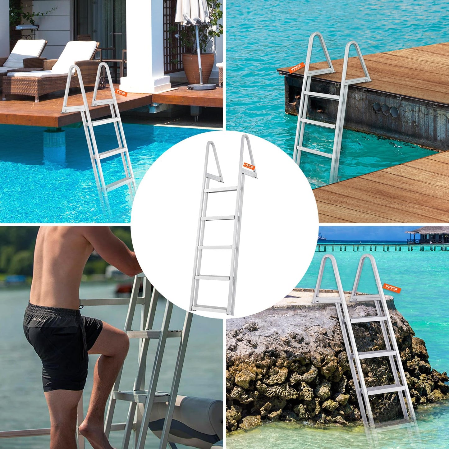 VEVOR Removable Dock Ladder 5 Steps, 350 lbs Load Capacity, Pontoon Boat Ladder with 4'' Wide Step & Nonslip Mat for Ship/Lake/Pool/Marine Boarding