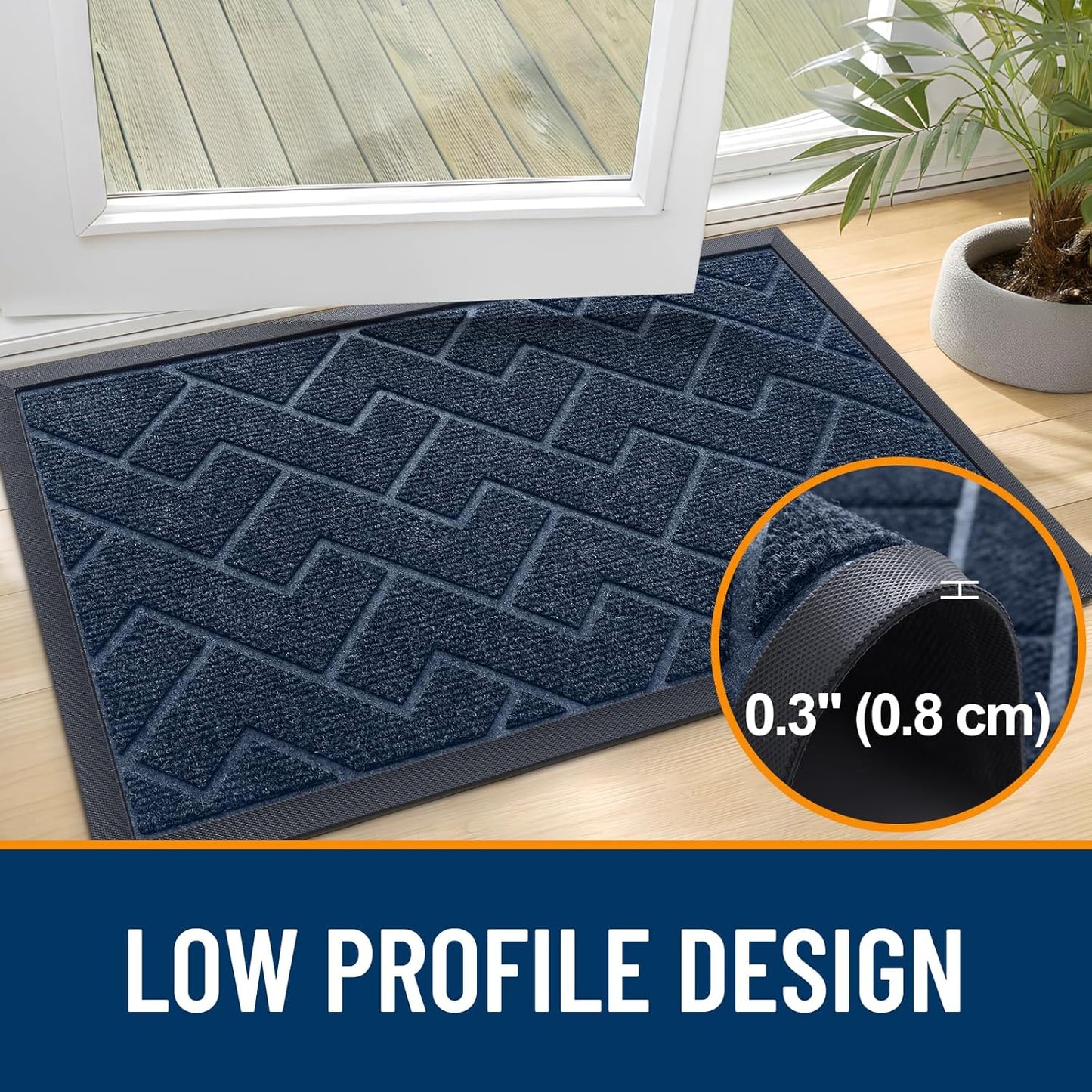 OLANLY Waterproof Front Door Mat | All-Season Herringbone Design | Easy Clean Natural Rubber | 29.5"x17" (Blue)