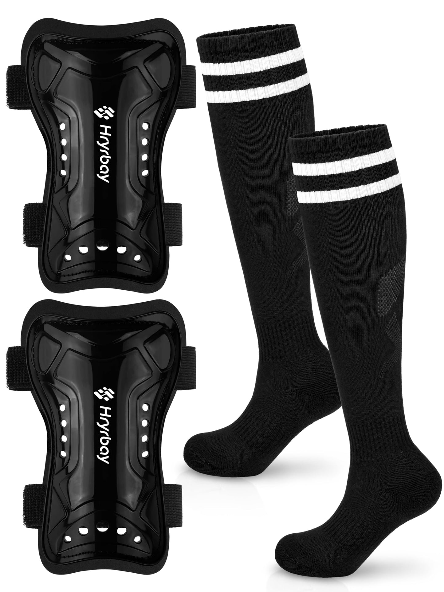 Hryrbay Kids Soccer Shin Guards and Socks Toddler Soccer Shin Pads Protective Defender Gear for Boys Girls Ages 3-15 Great for Training, Matches, Inspired by the World Cup Black S