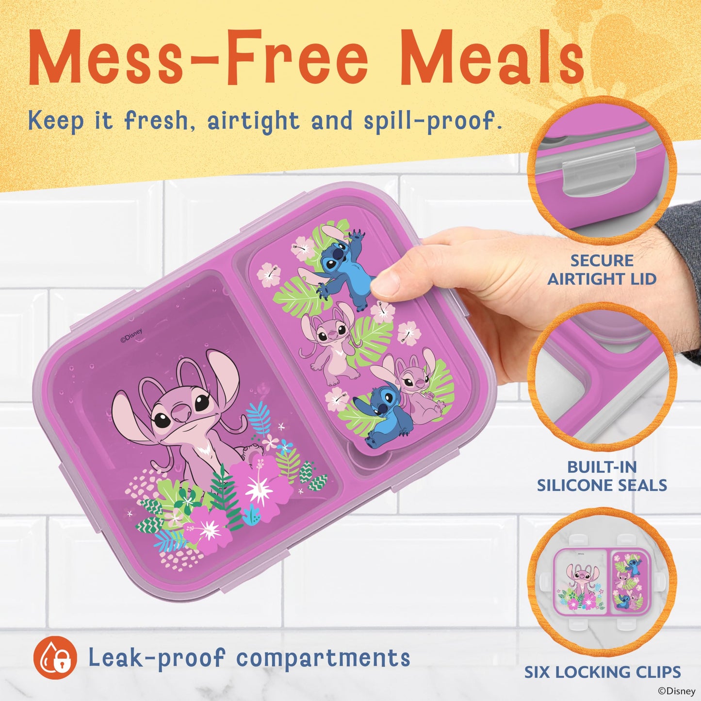 Best Brands Disney Bento Box– Leak-Proof Kids Lunch Box with Divided Compartments & Detachable Spork - Mickey & Minnie, Stitch, & Winnie the Pooh BPA Free Bento Box