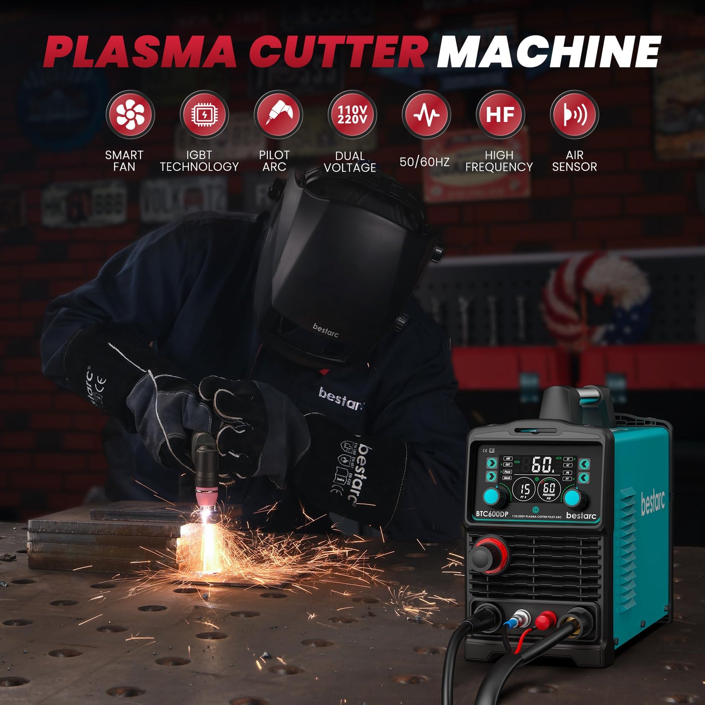Bestarc Plasma Cutter, [Pilot Arc][Large LED Display][Air Sensor] 60A Plasma Cutter Machine 110/220V Dual Voltage, 1/2 Inch Clean Cut 4/5 Inch Max Cut, Post Flow Mesh, 2T/4T for Beginners DIY