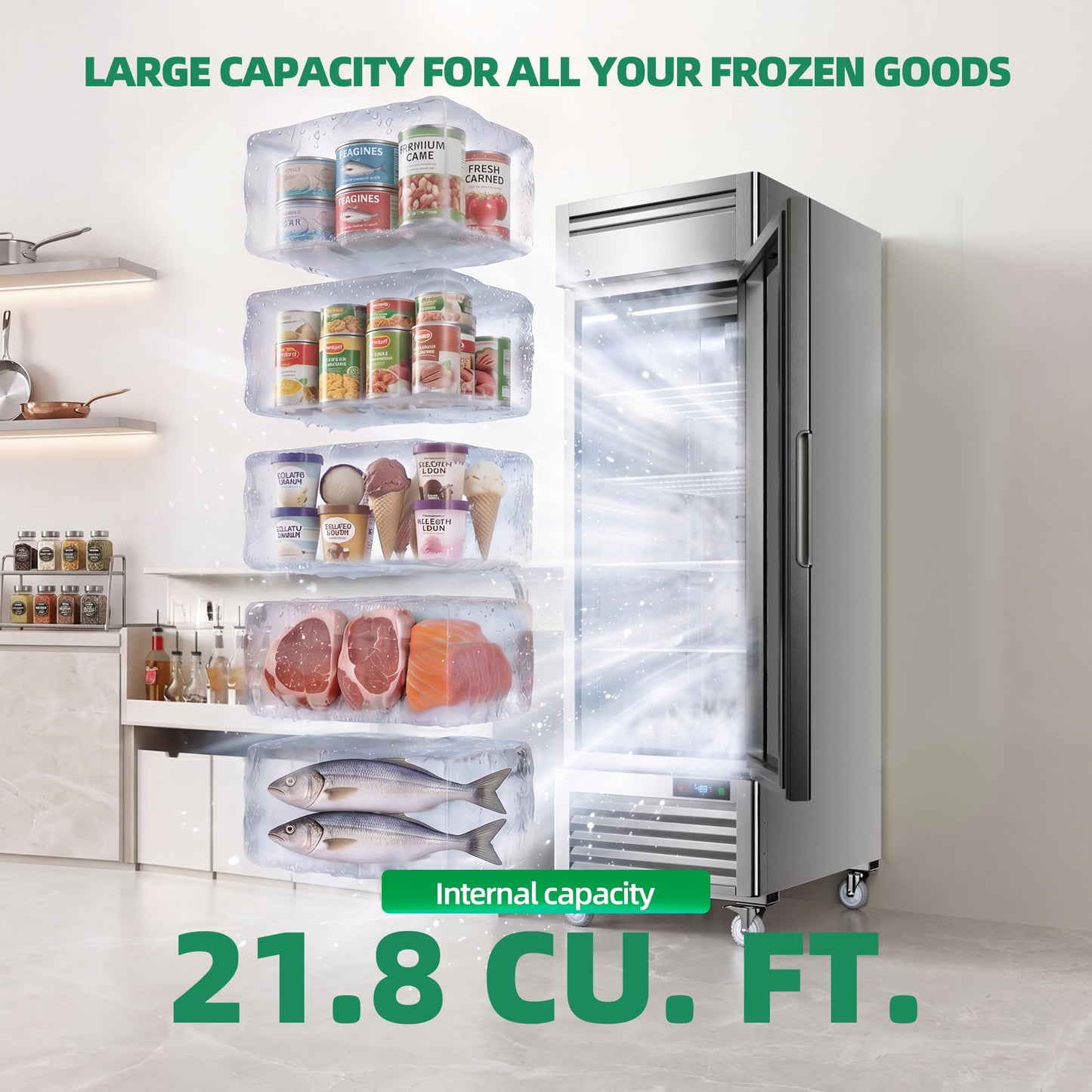 Coolski Commercial Display Freezer with Single Glass Door, 21.8 Cu.ft. Upright Merchandiser Freezer for Ice Cream and Frozen Food, Adjustable Shelves, Auto Defrost, LED Lighting, ETL DOE Certified