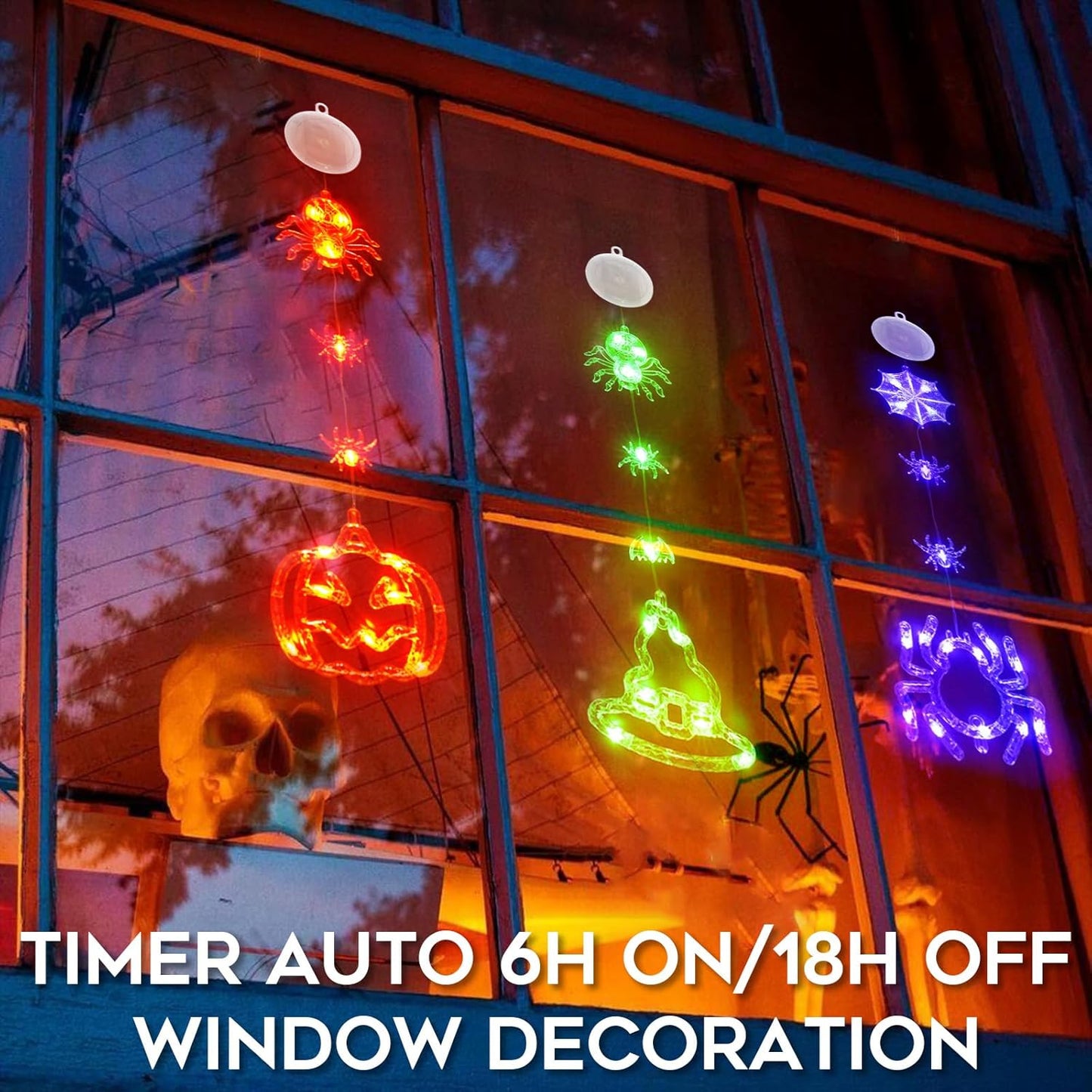 Suddus Halloween Lights - 3 Pack Battery Operated with Timer | Orange Pumpkin, Violet Spider & Green Witch Hat Decor