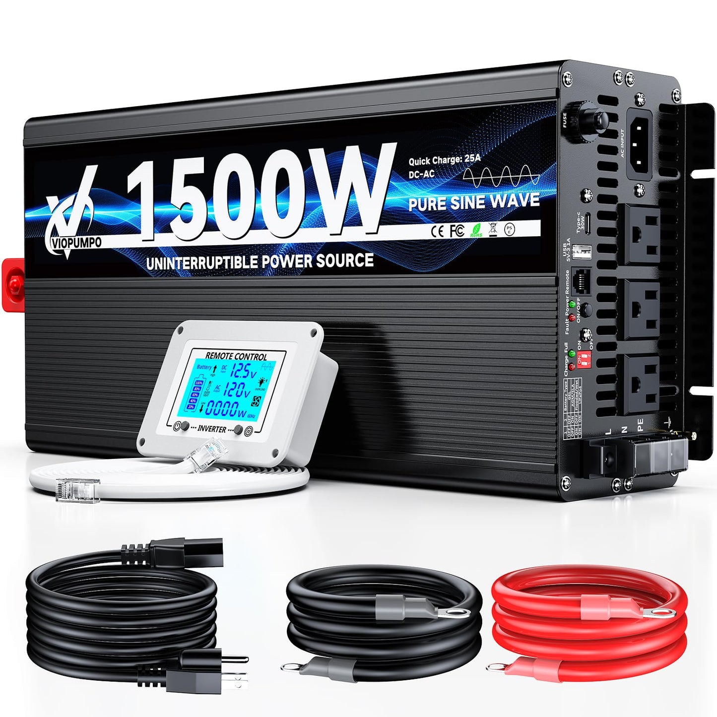 2000 Watt sump pump backup battery system, automatic switchover to battery inverter power, professional backup system in case of power failure, pure sine wave output Remote controller with LCD screen