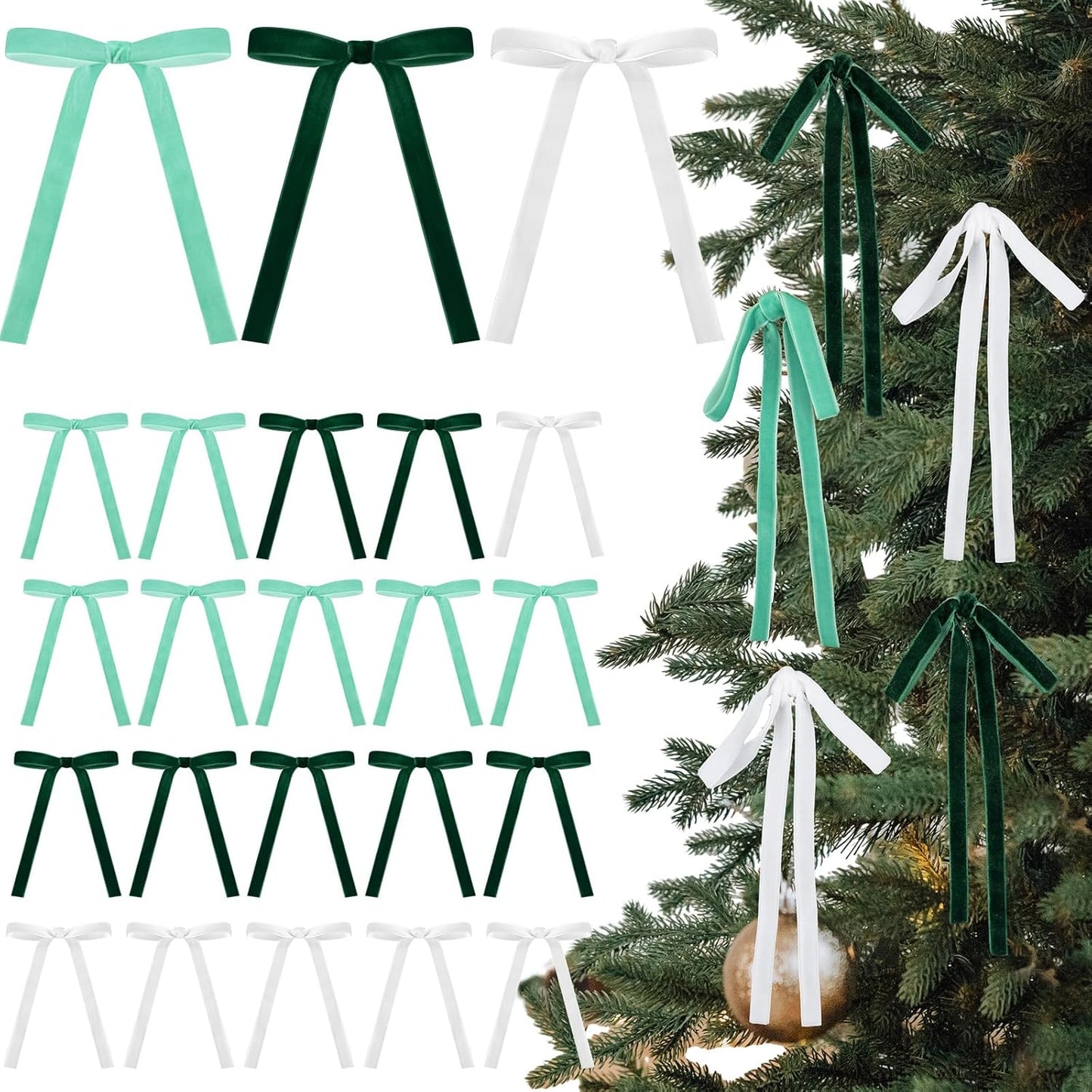 Skiennix 24 Pcs Velvet Bows - Vintage Ribbon Bows for Christmas Tree & Crafts | Dark Green, Beige, Sage Green (5 x 7 Inch)