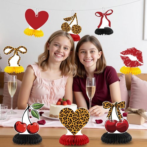 Cheetah Cherry Birthday Party Decorations Leopard Honeycomb Centerpieces Decor with Red and Black Cheetah Cherry Print Toppers Safari Animal Birthday Party Decorations Sulpplies for Women Girls
