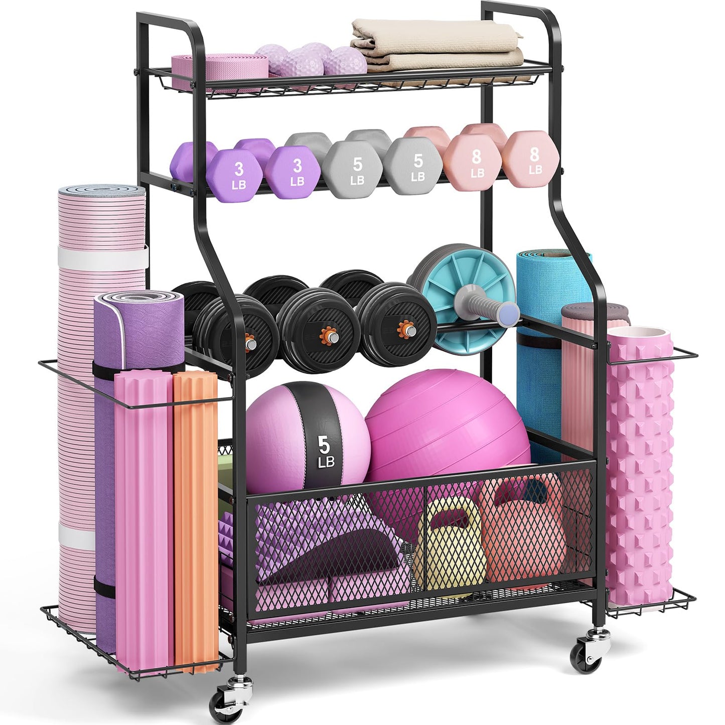 Dumbbell Rack with Wheels, Weight Rack for Dumbbells, Home Gym Storage Organizer for Kettlebells, Yoga Mats, Balls & Workout Equipment, Heavy Duty Steel Gym Storage Rack with Hooks, Black