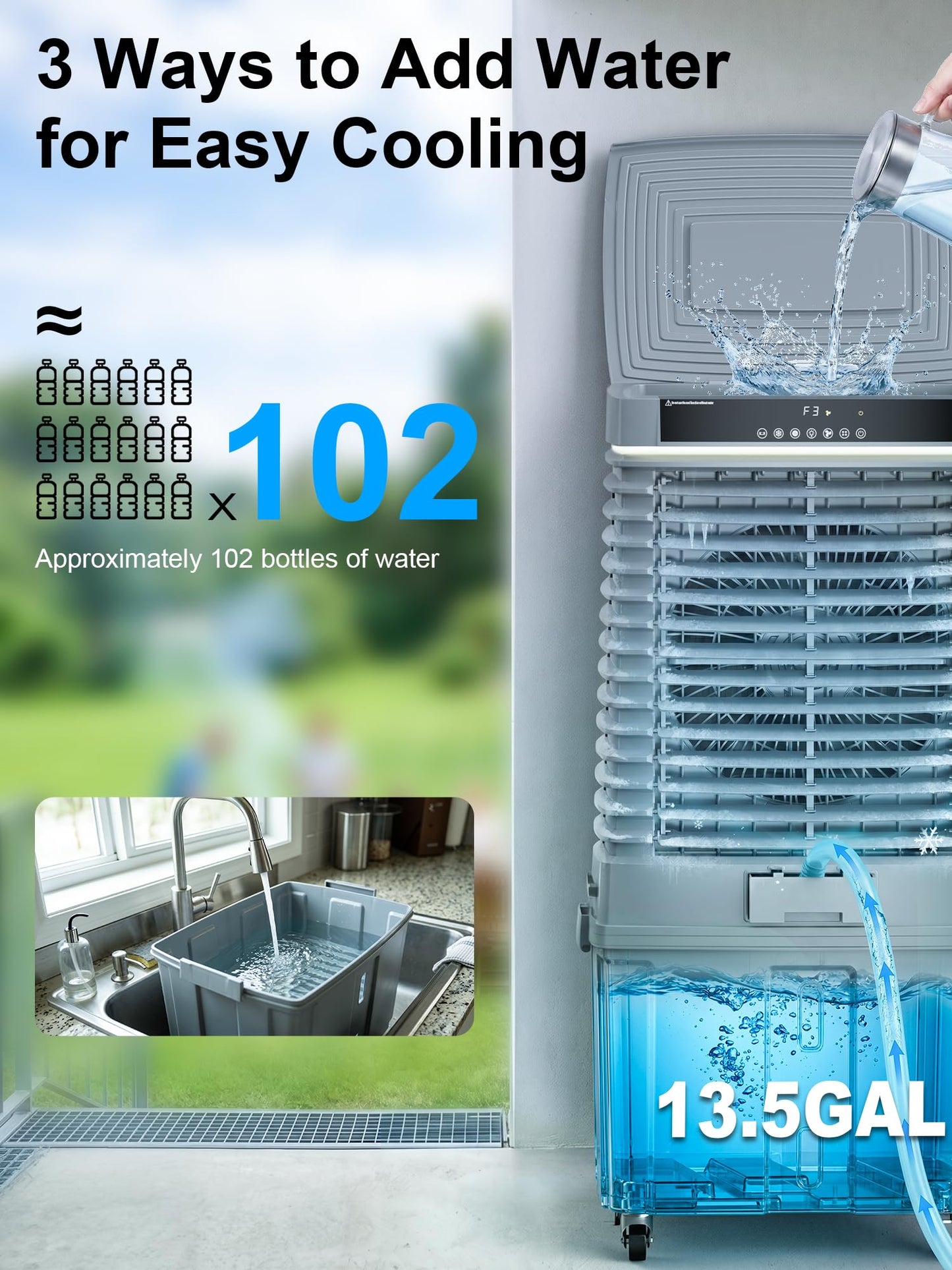 Uthfy 4000CFM Swamp Cooler for Large Room, 41” Evaporative Air Cooler with 13.5Gal Detachable Water Tank, 12H Timer, Ambient Light, 120° Oscillation, Indoor & Outdoor Air Conditioner for Patio, Garage