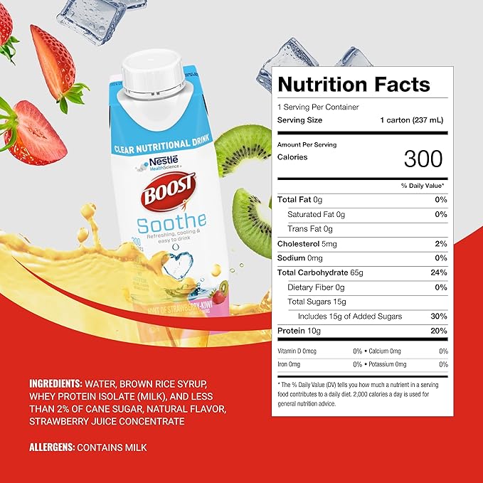 BOOST Soothe Clear Nutritional Drink ??Cooling sensation - 300 Calories - 10 g Protein from Whey Protein Isolate - Hint of Strawberry Kiwi Flavor - 8 fl oz (Pack of 24)