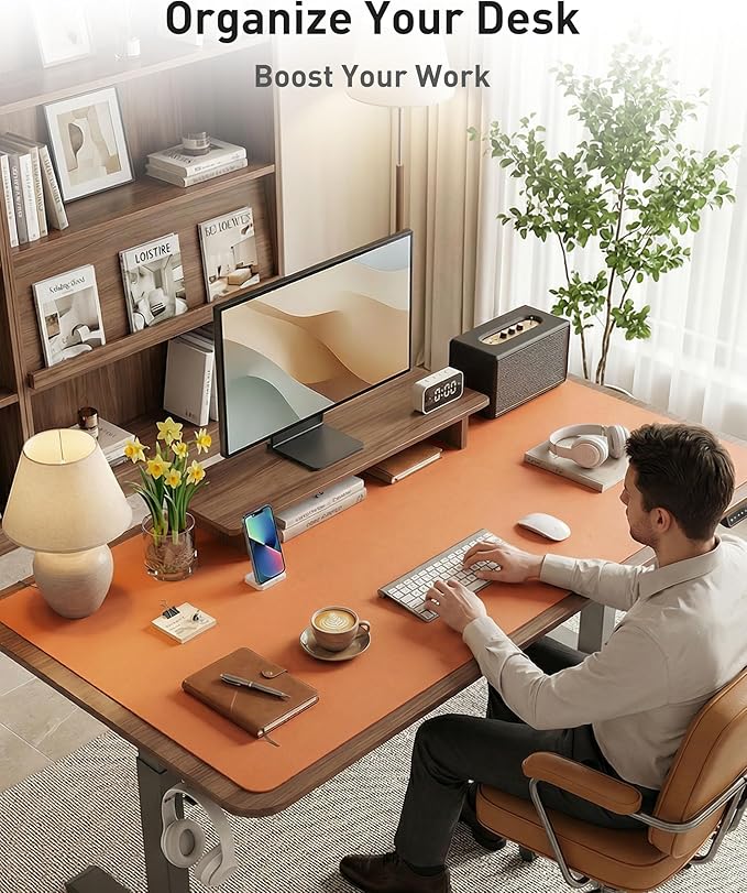 Aothia Faux Leather Desk Mat - Large Mouse Pad, Non-Slip PU Leather Blotter, Waterproof Writing Surface for Office and Home (Hermes Orange, 42" x 17")