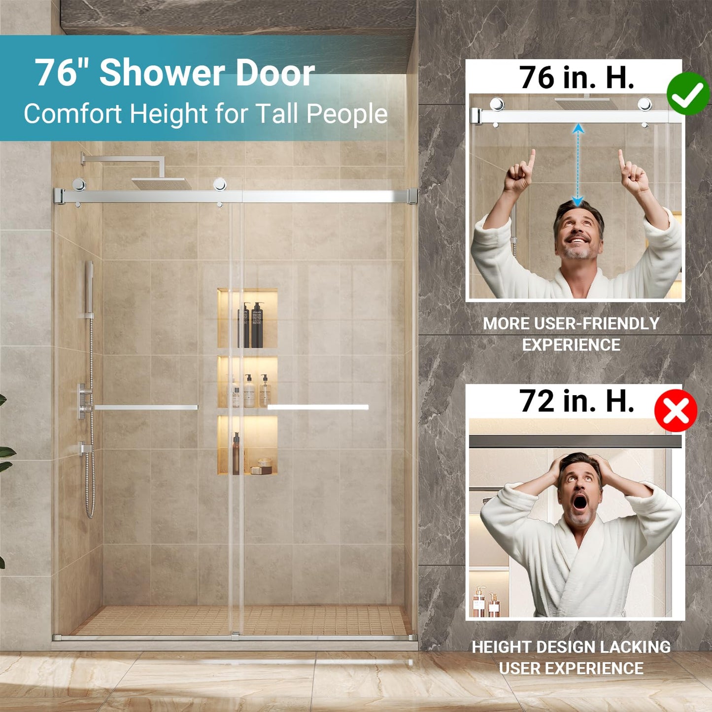 BATHWILLER 44"-48" W x 76" H Double Sliding Shower Door, 5/16" (8mm) Clear Tempered Glass Frameless Shower Door with Nano Easy Clean Coating, Stainless Steel Hardware, Chrome