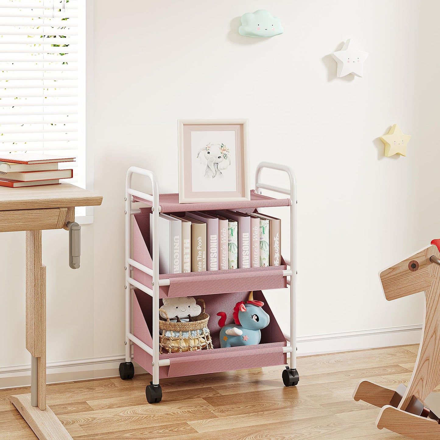 Buzowruil Utility Rolling Fabric Storage Rack Trolley Toy Cart Trolley with 2 Large Storage Boxes,Wheels, Suitable for Bedroom, Living Room, Entryway, Pink