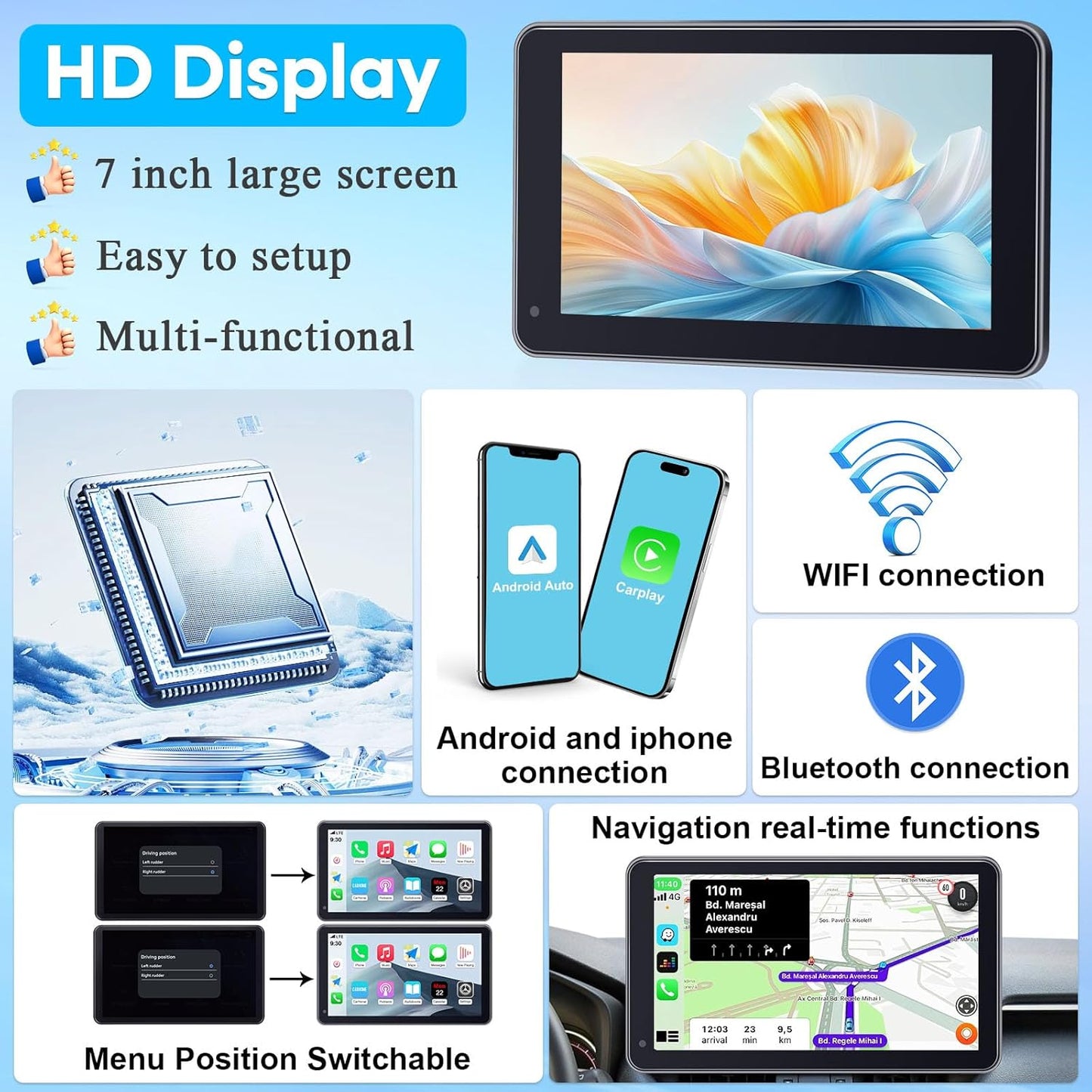 Befumly 3-Min 7 Inch 1080P Commuters Easy Install Portable Wireless Carplay Screen: Plug-Play Support Apple CarPlay