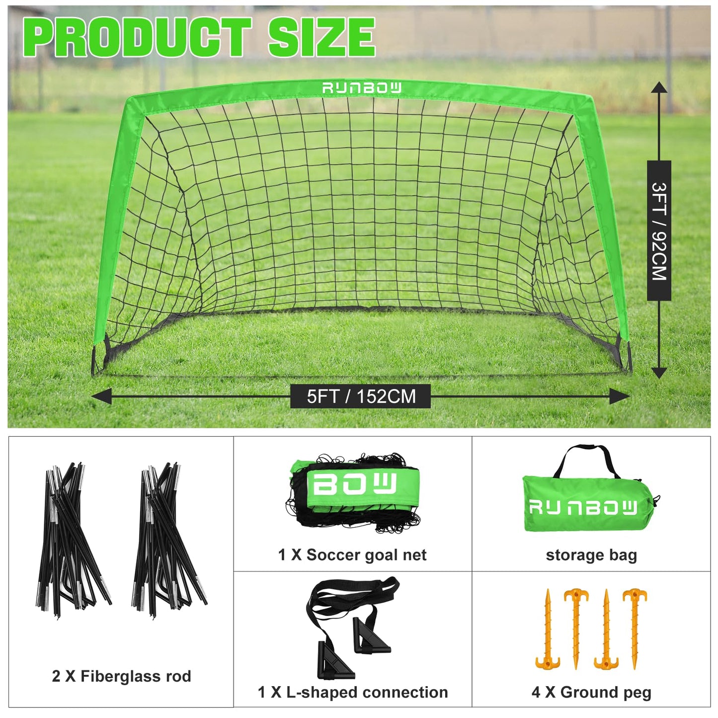 RUNBOW Soccer Goal for Backyard, 5x3 FT Portable Folding Soccer Net with Carry Bag for Kids and Adults Indoor/Outdoor Training Practice Use (Green, 5x3 FT, 1 Pack)