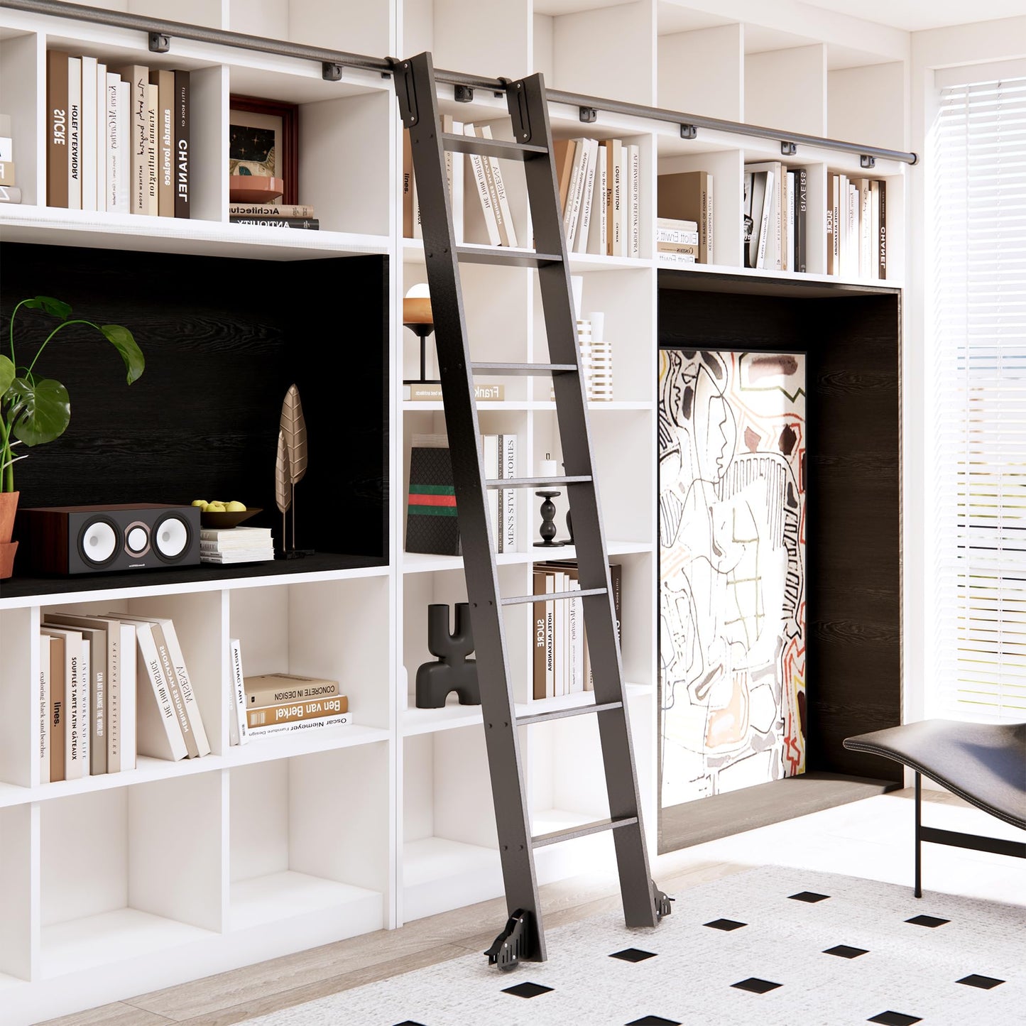 HARDJULAN 87" Black Sliding Library Ladder with 4FT Hook Track – Lightweight Aluminum Rolling Ladder with Braking Wheels, Space-Saving Rail Mounted Ladder System for Home Library, Closet & Storage