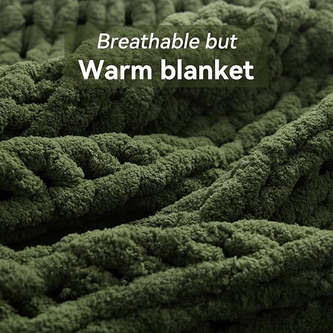 Negwoo Chunky Knit Throw Blanket, 60''*80'' Knitted Throw Chenille Yarn for Bed Couch, Handmade Green Crochet Big Thick Blanket, Machine Washable Cute Comfy Blanket for Home Decor