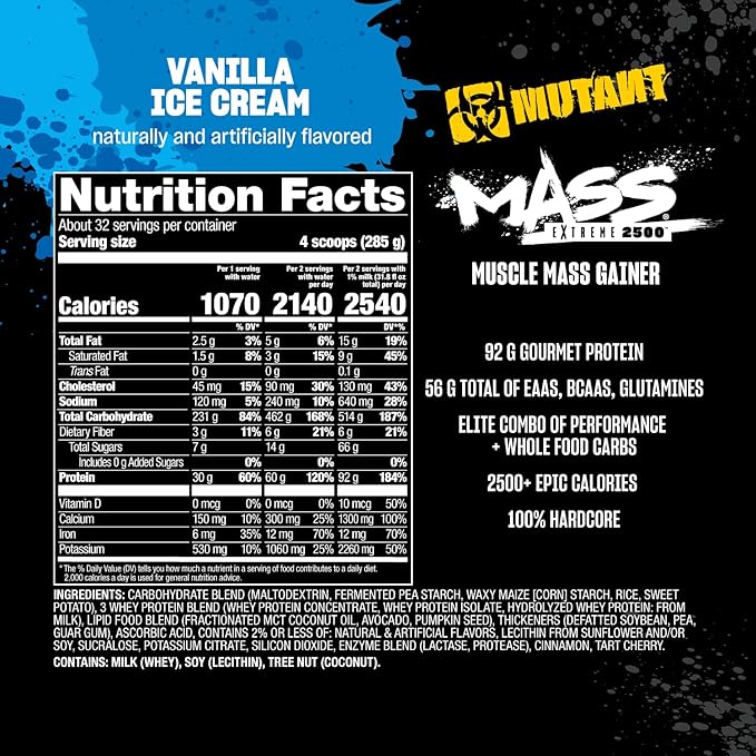 Mutant Mass Extreme Gainer ??Whey Protein Powder ??Build Muscle Size and Strength ??High Density Clean Calories (Cookies and Cream, 6 lbs)
