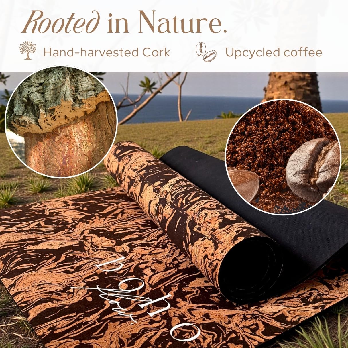Boho Flow Deluxe Cork Yoga Mat | Caffè Core - Coffee Cork Edition | Eco-Luxury Coffee-Infused Cork Surface, Natural Tree Rubber Base & Signature Handmade Boho Macramé Bag